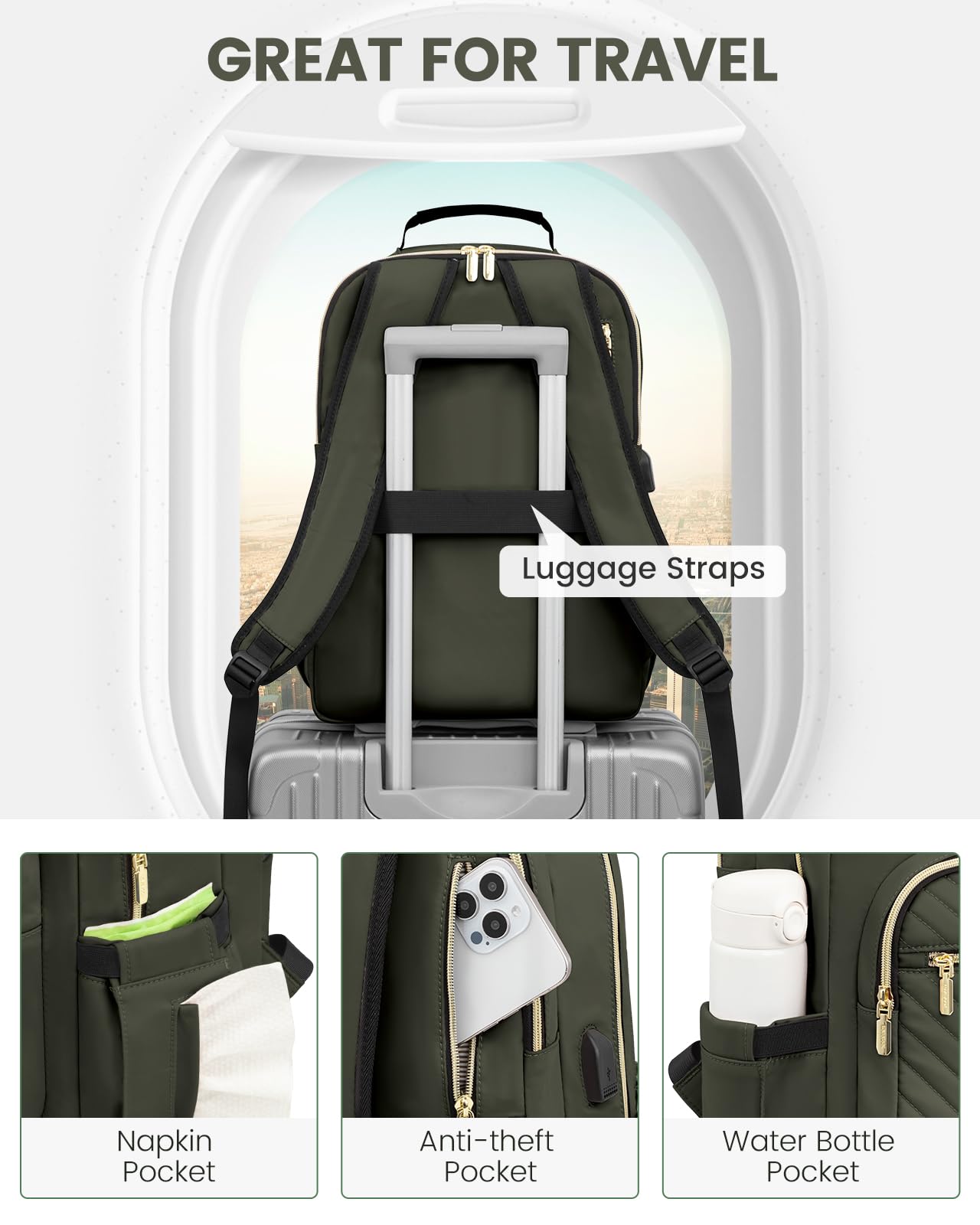 LOVEVOOK Women's 17-inch Laptop Backpack - Stylish Army Green Travel Computer Bag for College, School, and Outdoor Adventures, Perfect for Work, Study, and Daily Commute