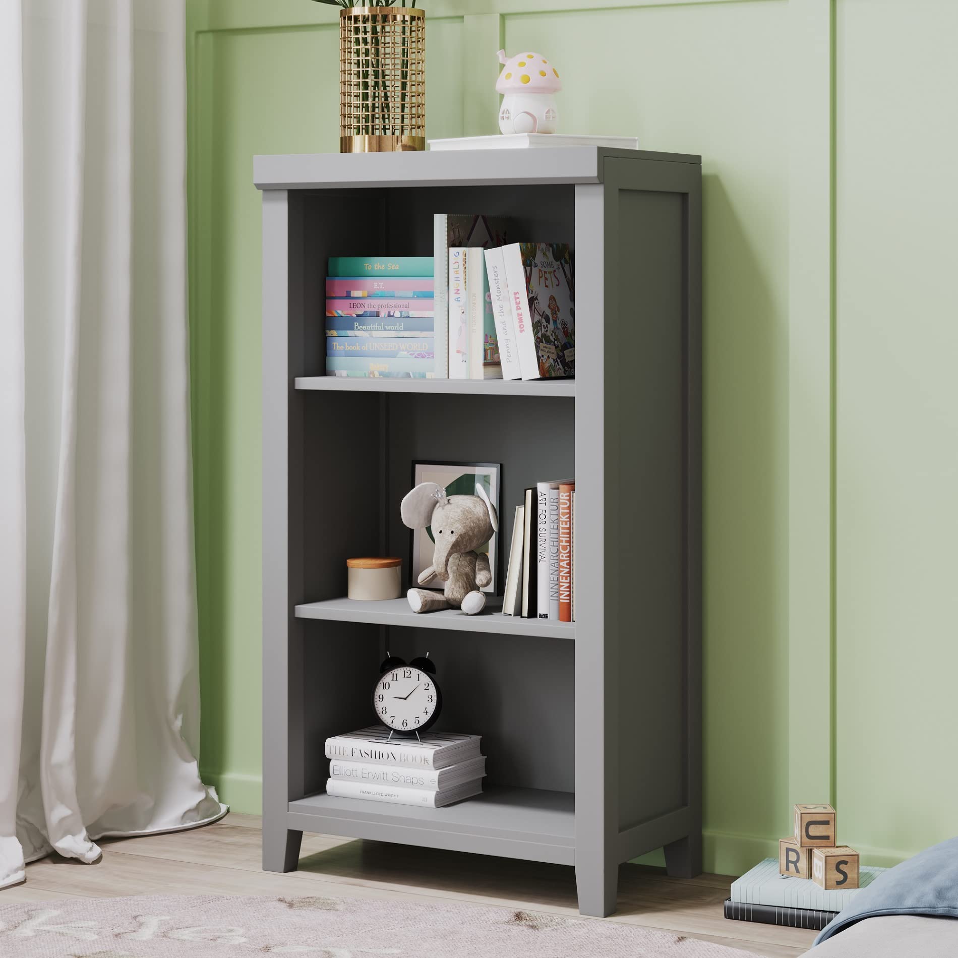 Vintage Solid Pine Wood Bookcase Nightstand with 3-Tier Open Shelves & Tapered Legs - Rustic Storage Cabinet for Bedroom, Living Room, Office - Gray (Perfect for Books, Decor & Small Space Organization)