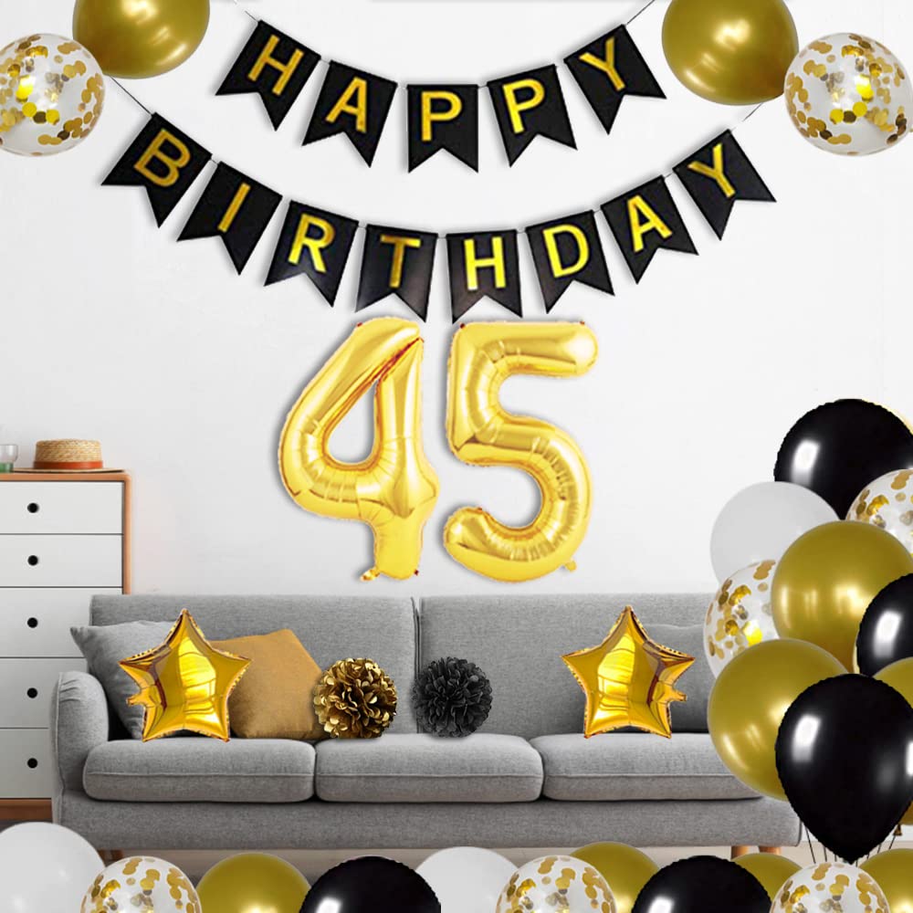 45th Birthday Decorations Set - Happy Birthday Banner, Pom Pom Flowers, Gold Mylar & Latex Balloons, Number 45 Foil Balloons - Perfect for Anniversary Parties, Milestone Celebrations & Festive Home Decor