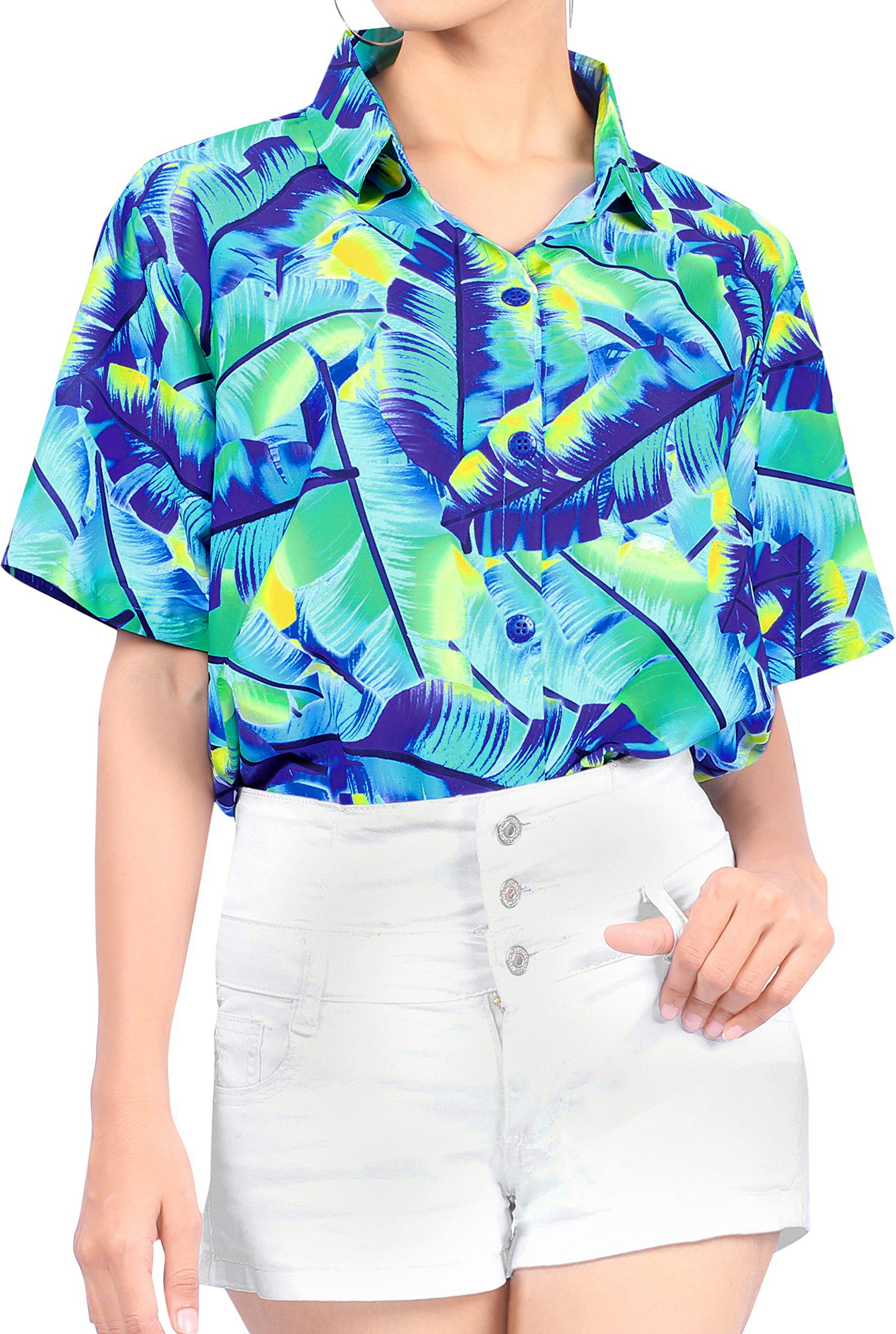 Happy Bay Women's Hawaiian Short Sleeve Beach Shirt - Tropical Floral Vacation Top for Summer, Pool Party & Island Getaway