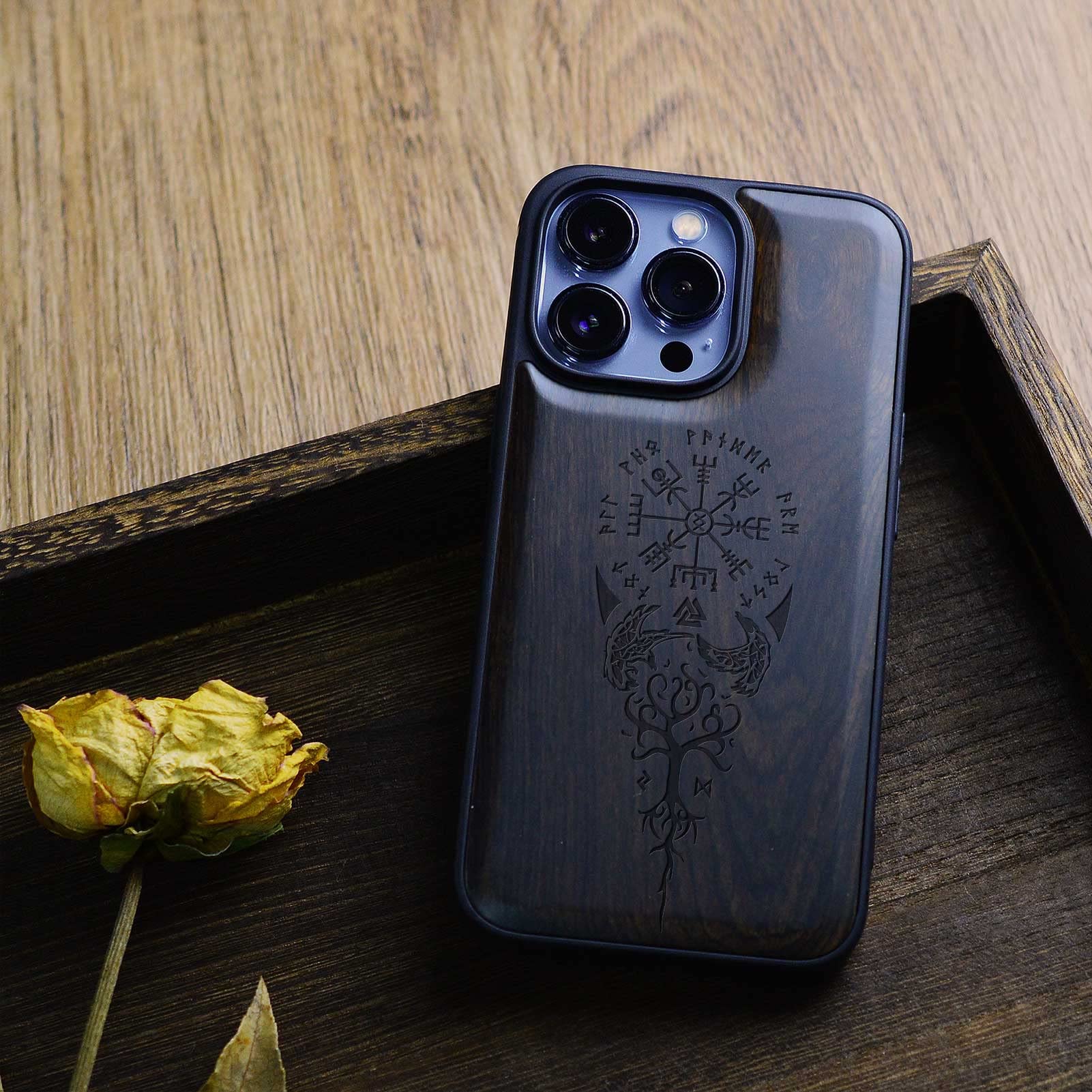 Carveit Magnetic Wooden Case for iPhone 13 Pro - Natural Wood & Soft TPU Shockproof Protective Cover - MagSafe Compatible Viking Compass Design (Blackwood) - Perfect for Outdoor Adventures & Business Meetings