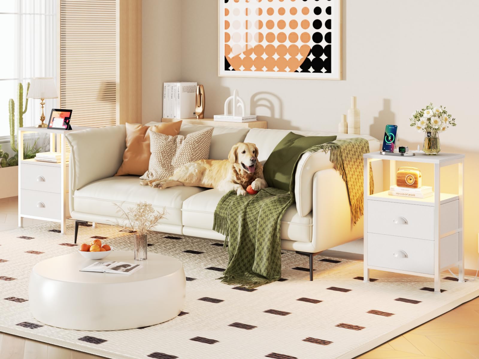 2-Piece White Nightstand Set with Charging Station & LED Lights - Modern Bedside Tables with 2 Fabric Drawers for Bedroom or Living Room - Perfect for Small Spaces, Apartment Decor & Gift Giving