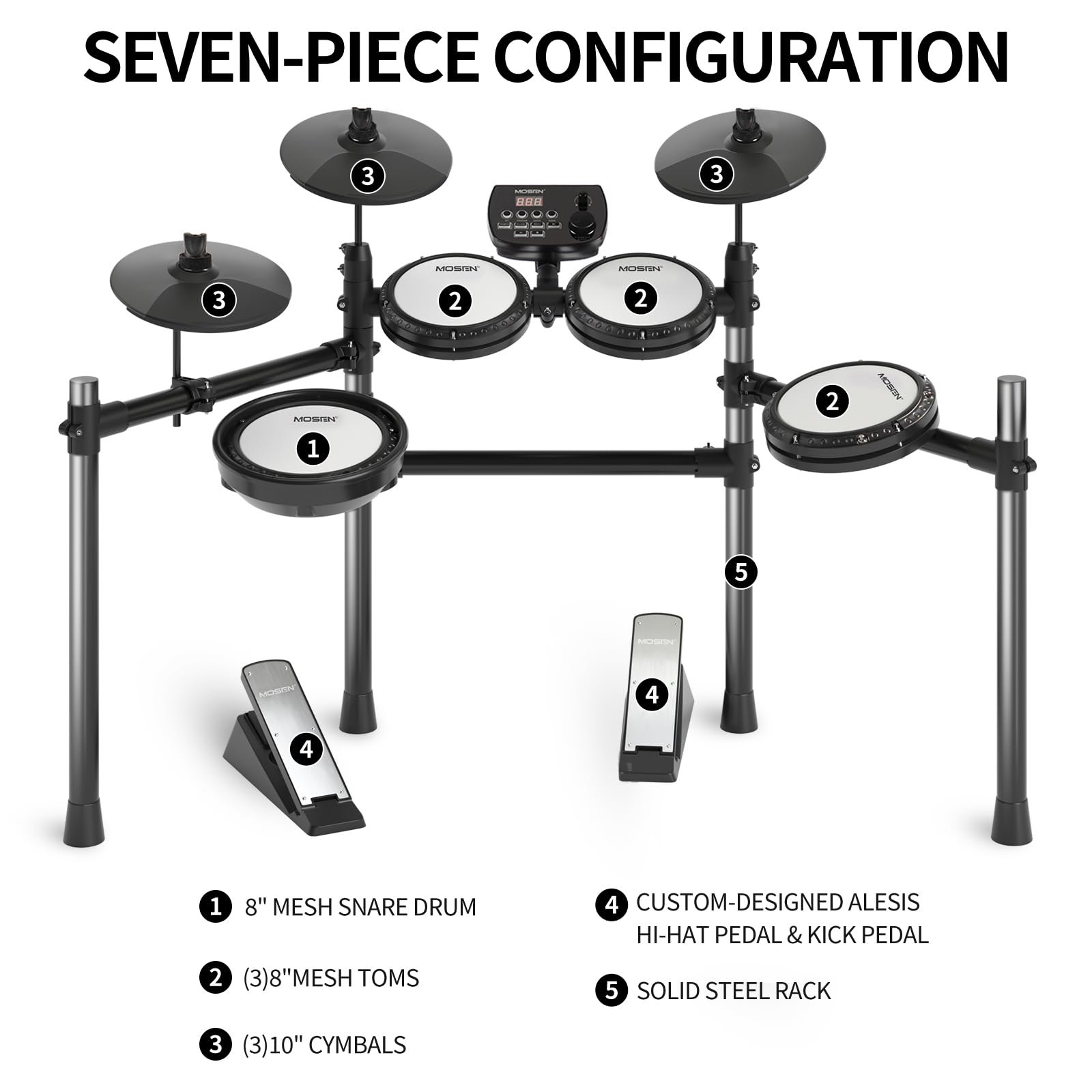 MOSEN MED-X3 Electric Drum Set - 4 Quiet Mesh Drum Pads, Cymbals, Drum Sticks, Headphones, USB MIDI, Kick Pedal - 195+ Sounds & 25 Drum Kits for Beginners - Perfect for Home Practice, Studio Recording & Silent Drumming Sessions