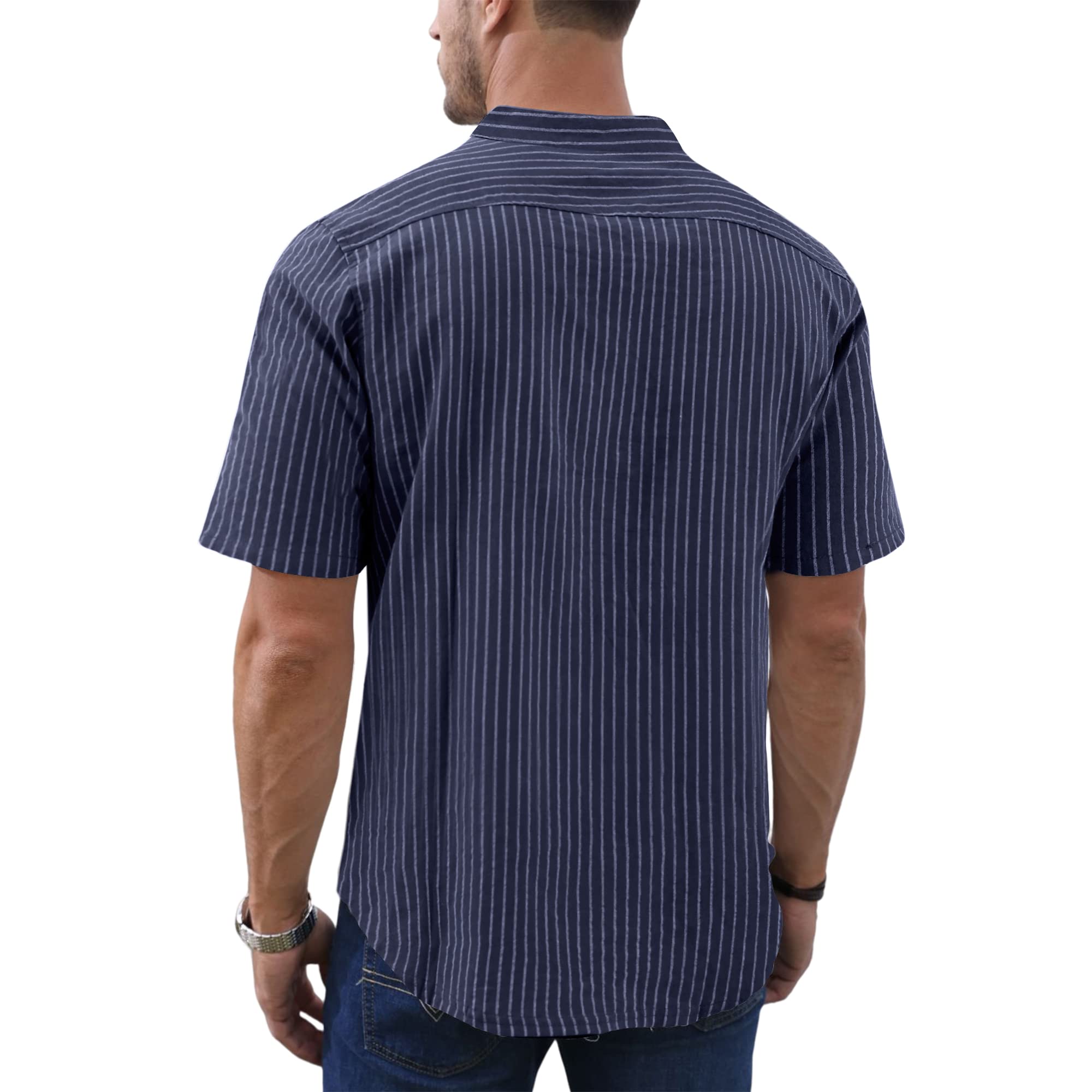 Men's Linen Shirts - Breathable Cotton Henley Neck Striped Tops for Summer | Casual Short Sleeve Button Down Shirt for Beach, Vacation & Outdoor Activities