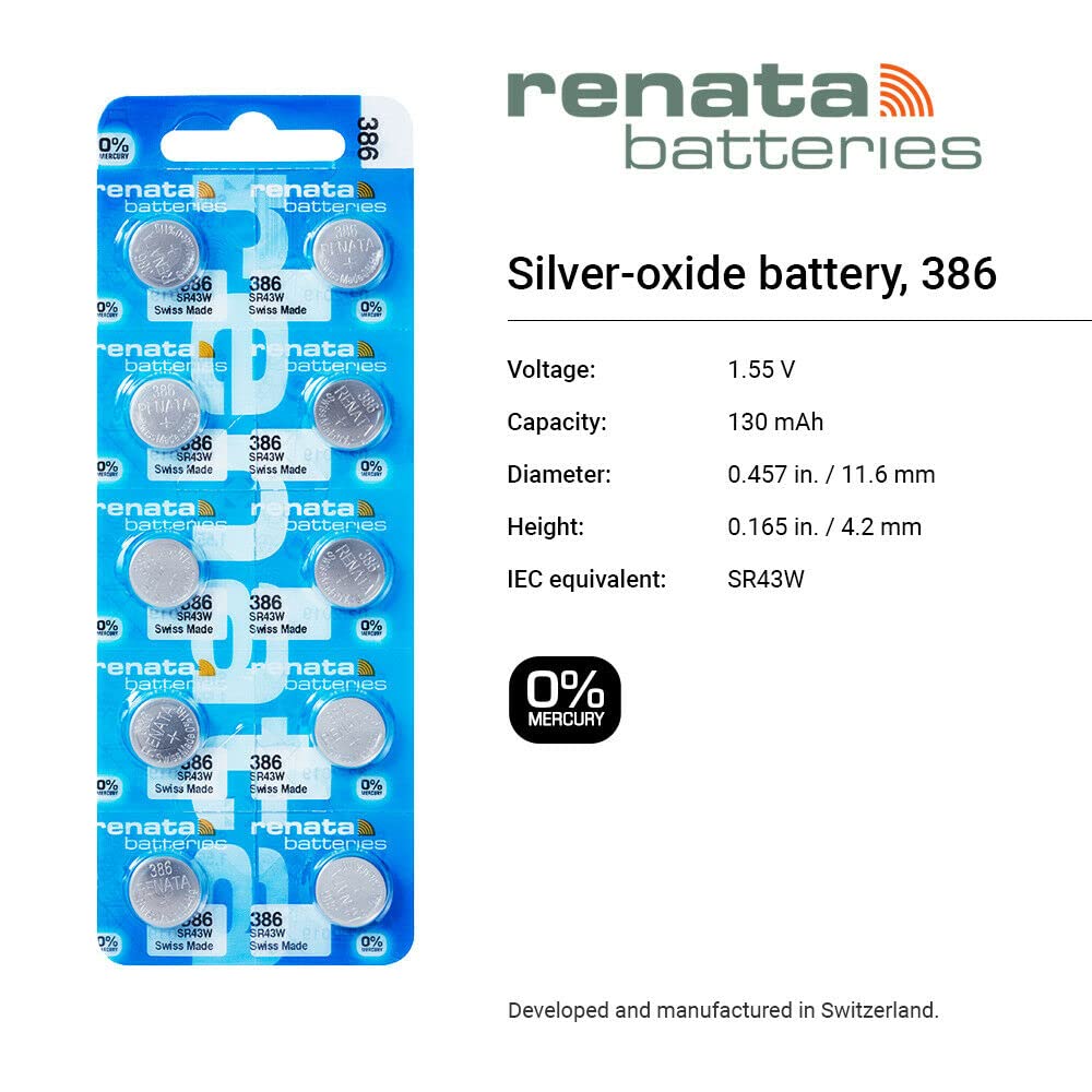 Renata 386 SR43W 1.55V Silver Oxide Watch Batteries (2-Pack) - Long-Lasting Power for Watches, Calculators & Small Electronics