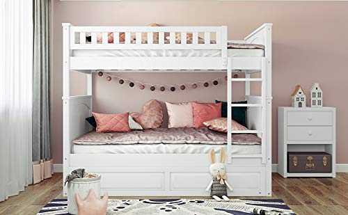 JULYFOX White Full Over Full Bunk Bed Frame with Twin Trundle - Solid Hardwood Platform Bed with Ladder, No Box Spring Needed - Space Saving Bunk Bed for Kids, Teens & Small Rooms - Perfect for Dormitories, Guest Rooms & Vacation Homes