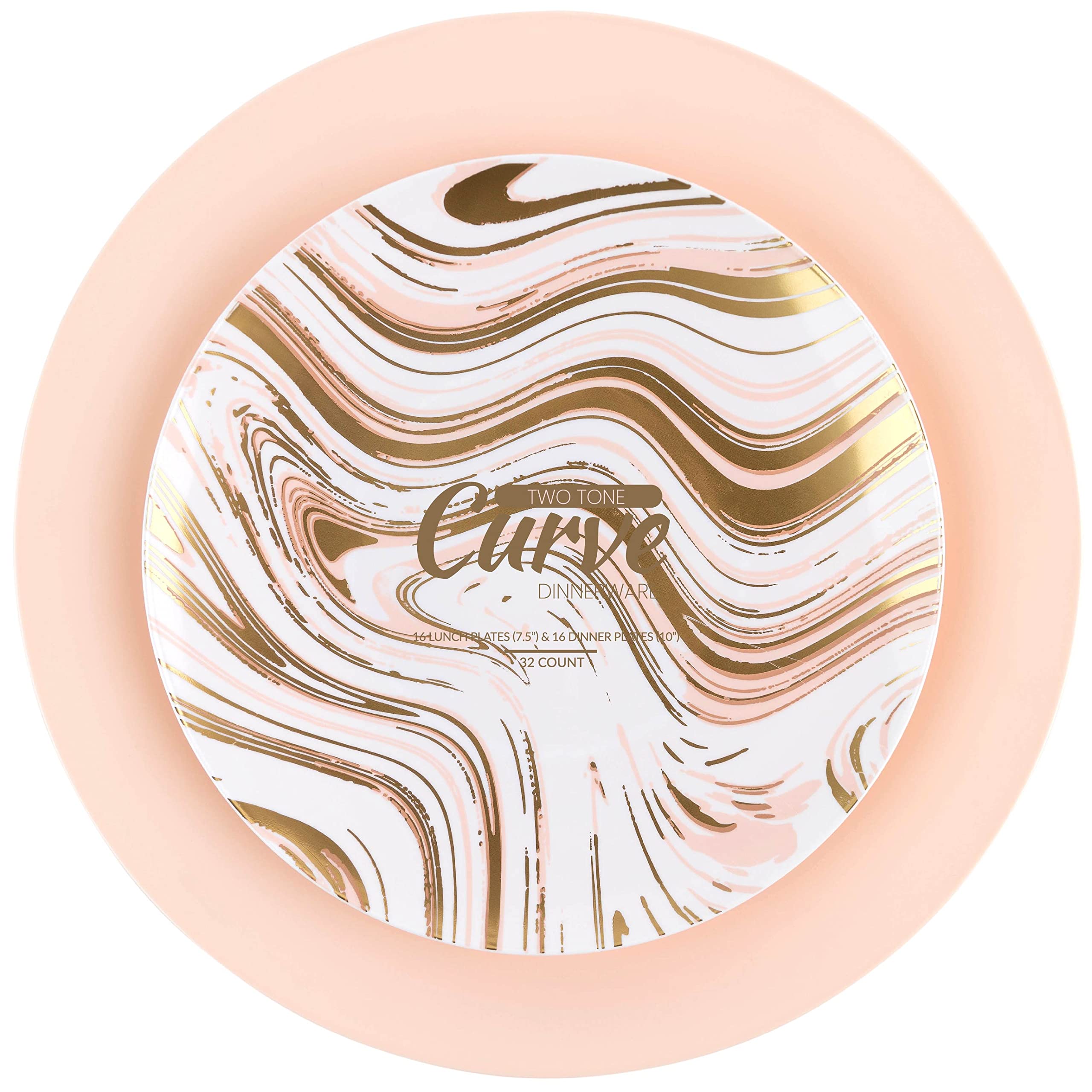 Premium Heavyweight White & Gold Plastic Party Plates - Elegant Disposable Tableware for Weddings, Birthdays & Special Events (64-Pack, Curve Design, Pink Accents)
