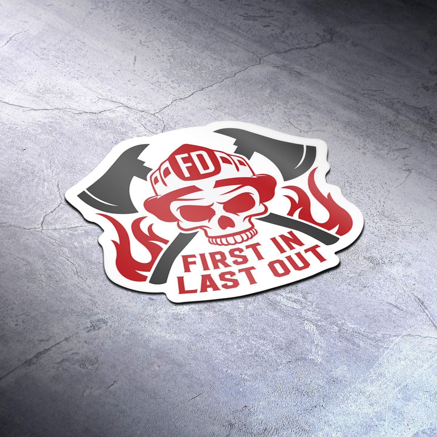 First in Last Out Fire Fighter Vinyl Decal Sticker - 5 Inch Full Color Printed & Laminated - Perfect for Cars, Trucks, Vans, SUVs, Walls, Cups & Laptops - KCD3055 - Great for First Responder Appreciation, Fire Station Decor & Personalizing Vehicles