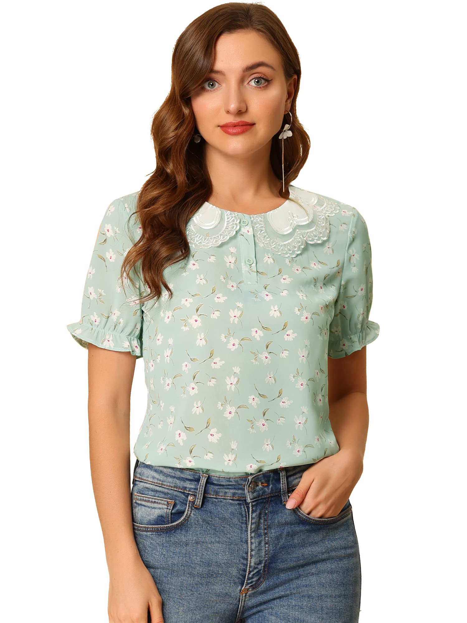 Allegra K Women's Floral Ruffled Short Sleeve Peter Pan Collar Blouse - Elegant Casual Top for Work, Date Night & Spring Outfits
