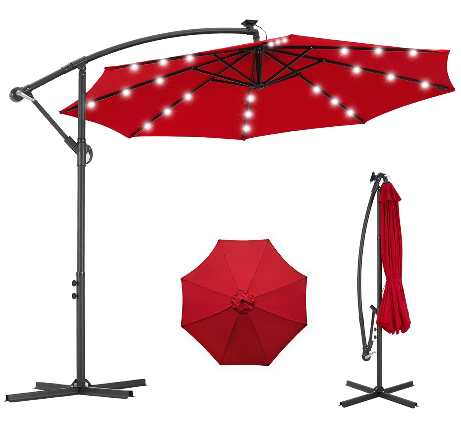 AECOJOY 10FT Solar Powered LED Cantilever Patio Umbrella with 24 Lights - Hanging Offset Market Umbrella with Cross Base for Backyard, Garden, Poolside (Red) | Perfect for Outdoor Dining, Lounging & Entertaining