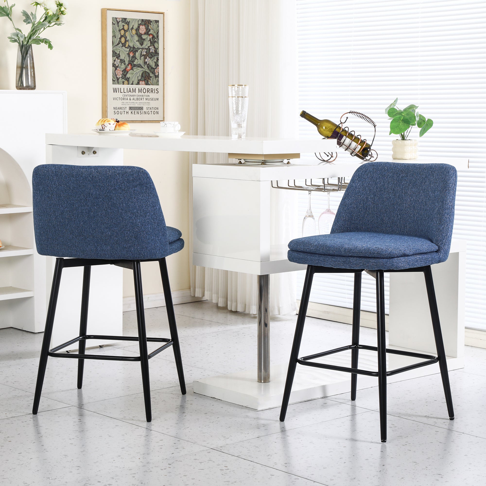 360° Swivel Counter Height Bar Stools Set of 2 - Upholstered with Back Support & Sturdy Metal Legs, 25.6