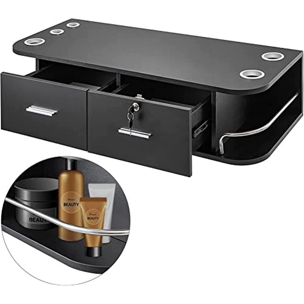 VEVOR Black Wall Mount Salon Styling Station with 2 Locking Drawers & 5 Hair Dryer Holes - Professional Beauty Salon Equipment for SPA, Barber Shop, Home & Bathroom Organization - Perfect for Styling Tools, Hair Accessories & Beauty Product Storage