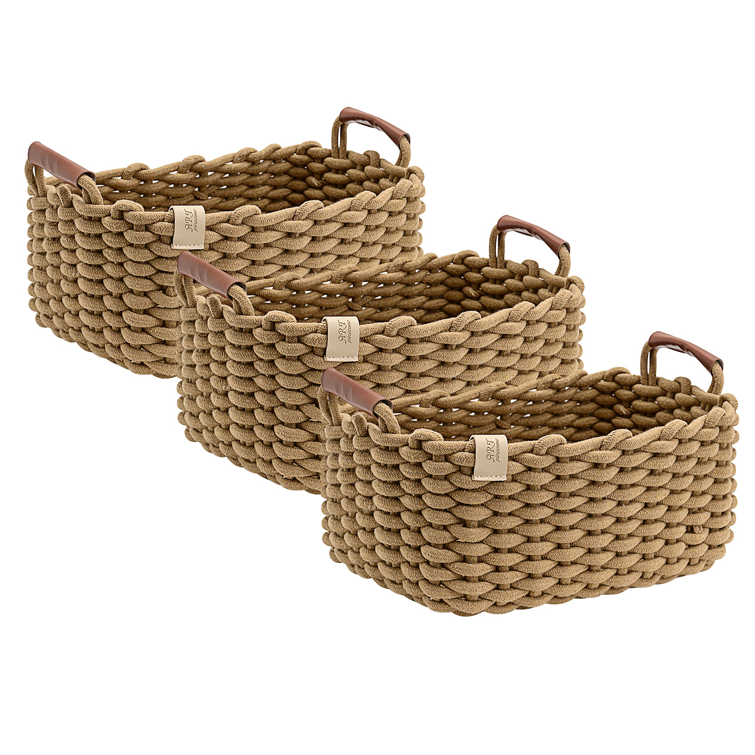 Handmade Cotton Rope Pinecone Basket Set of 3 - Woven Storage Organizer for Home Decor, Nursery & Closet - Natural Camel Color (13.8