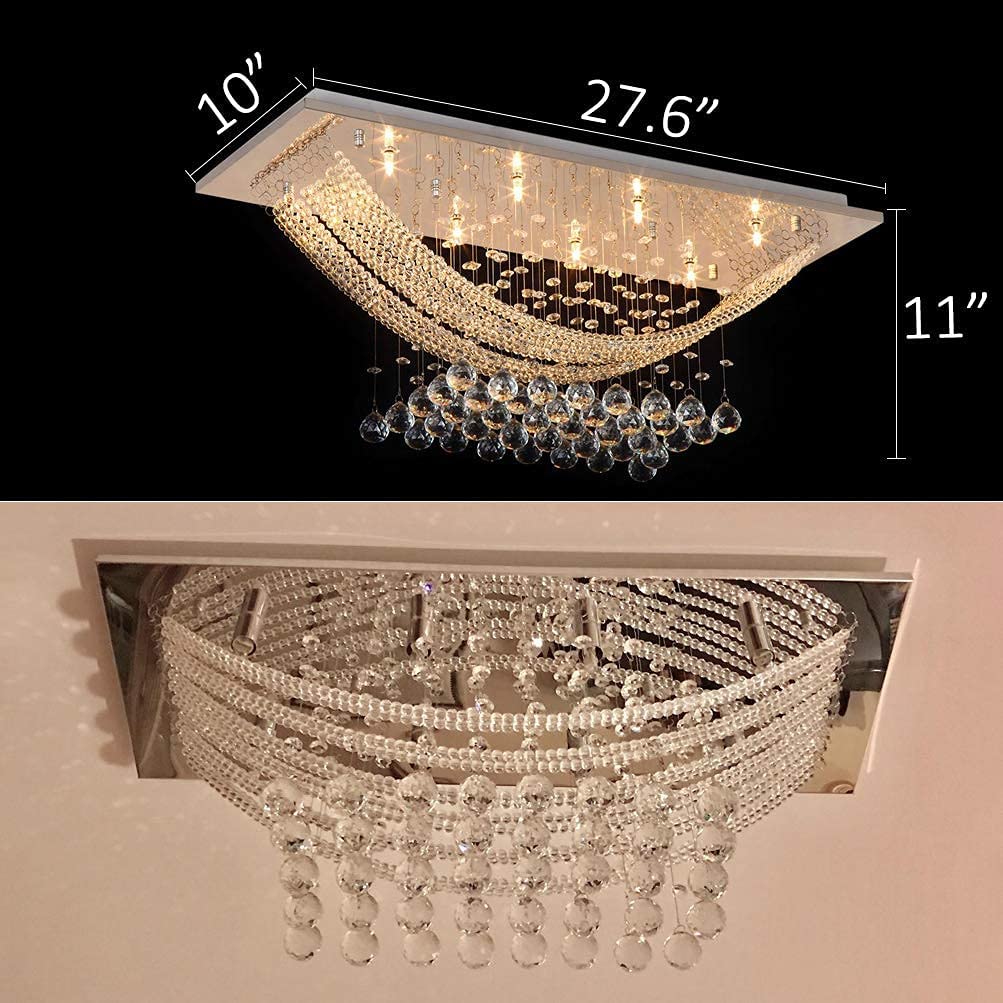 8-Light Silver Rectangle Crystal Raindrop Chandelier - Modern Flush Mount Ceiling Light Fixture for Living Room, Kitchen Island, Dining Room, Closet & Wedding Decor | Elegant Lighting Solution for Home & Event Spaces