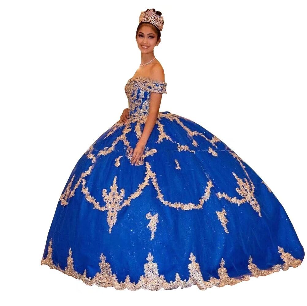 2025 Gold Applique Beaded Quinceañera Dress | Off-Shoulder Puffy Ball Gown for Sweet 16 & Quinceañera Celebrations | Perfect for Birthday Parties, Debut Balls, and Formal Dances