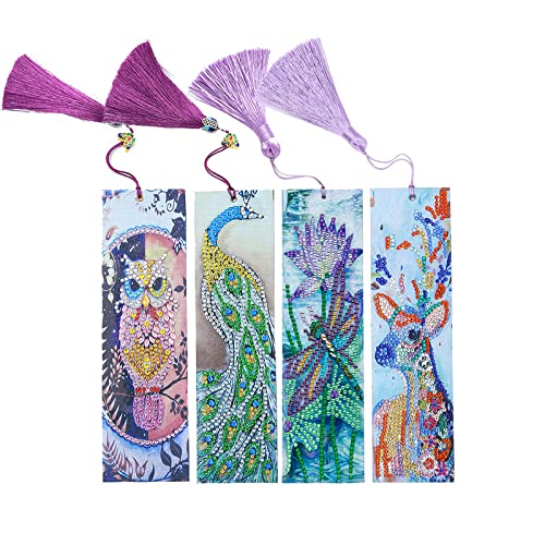 4pcs DIY Diamond Painting Bookmarks with Beaded Design & Leather Tassel - Creative Owl & Dragonfly Bookmark Set for Home, Office & School - Perfect Reading Accessories & Thoughtful Gifts for Book Lovers