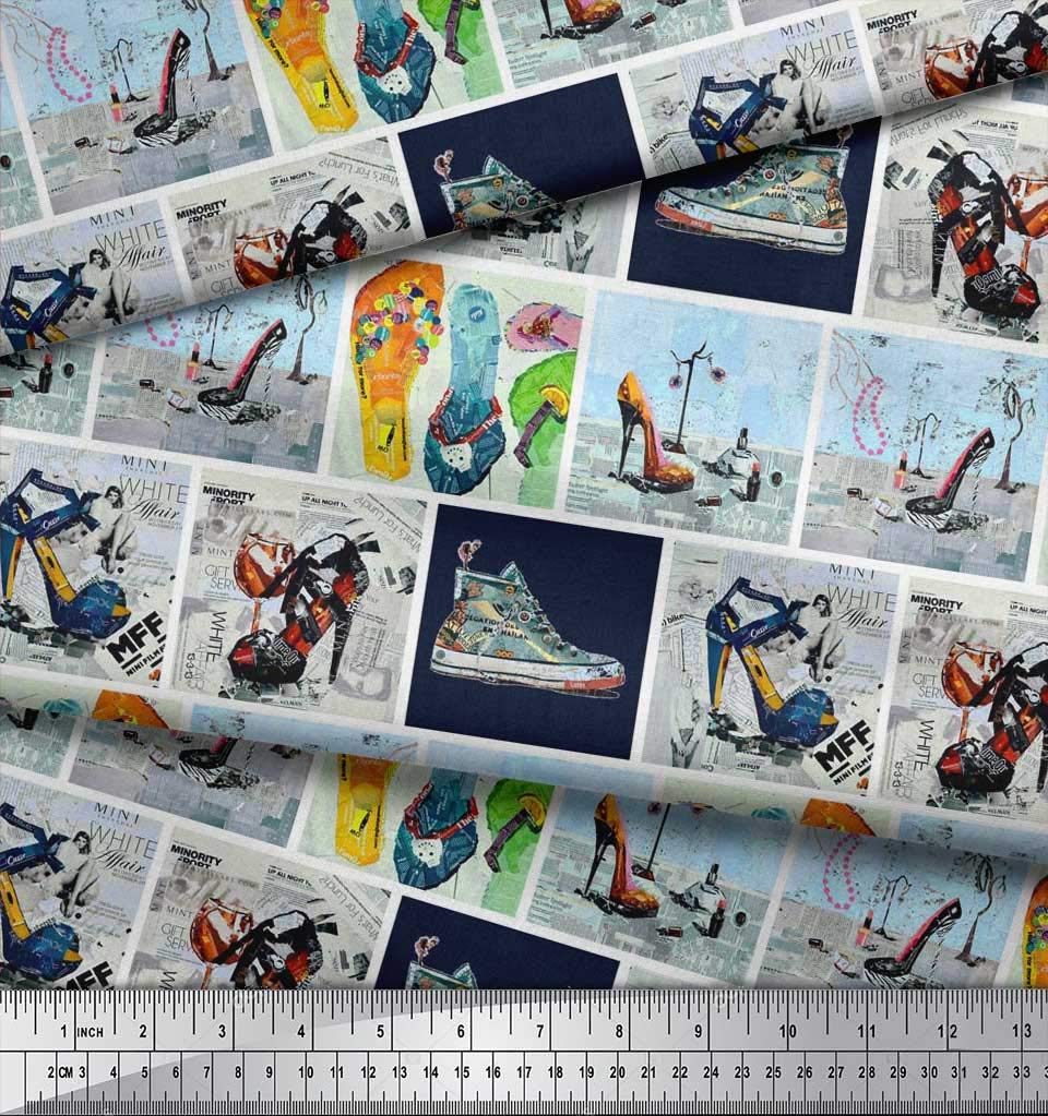 Soimoi Blue Silk Fabric by The Yard - 42 Inch Wide - Printed Fashionable Footwear-Inspired Designs for Slippers, Shoes & High Heels - Perfect for DIY Patchwork, Glam Costumes & Home Decor Projects