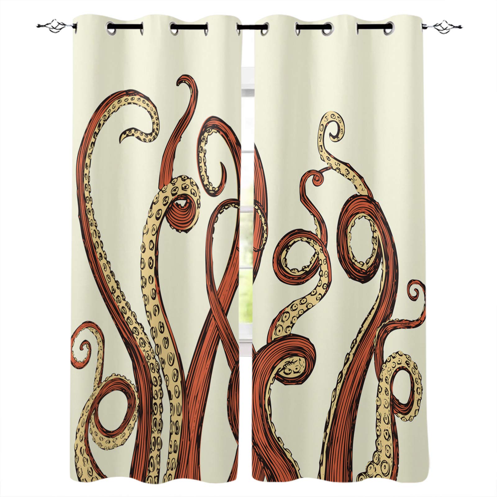 Octopus Tentacles Blackout Curtains 72 Inch - Light Blocking Room Darkening Window Drapes for Living Room, Bedroom & Kitchen - Kraken Sketch Sea Monster Marine Life Ocean Animal Design - Perfect for Home Theater, Nursery & Shift Workers