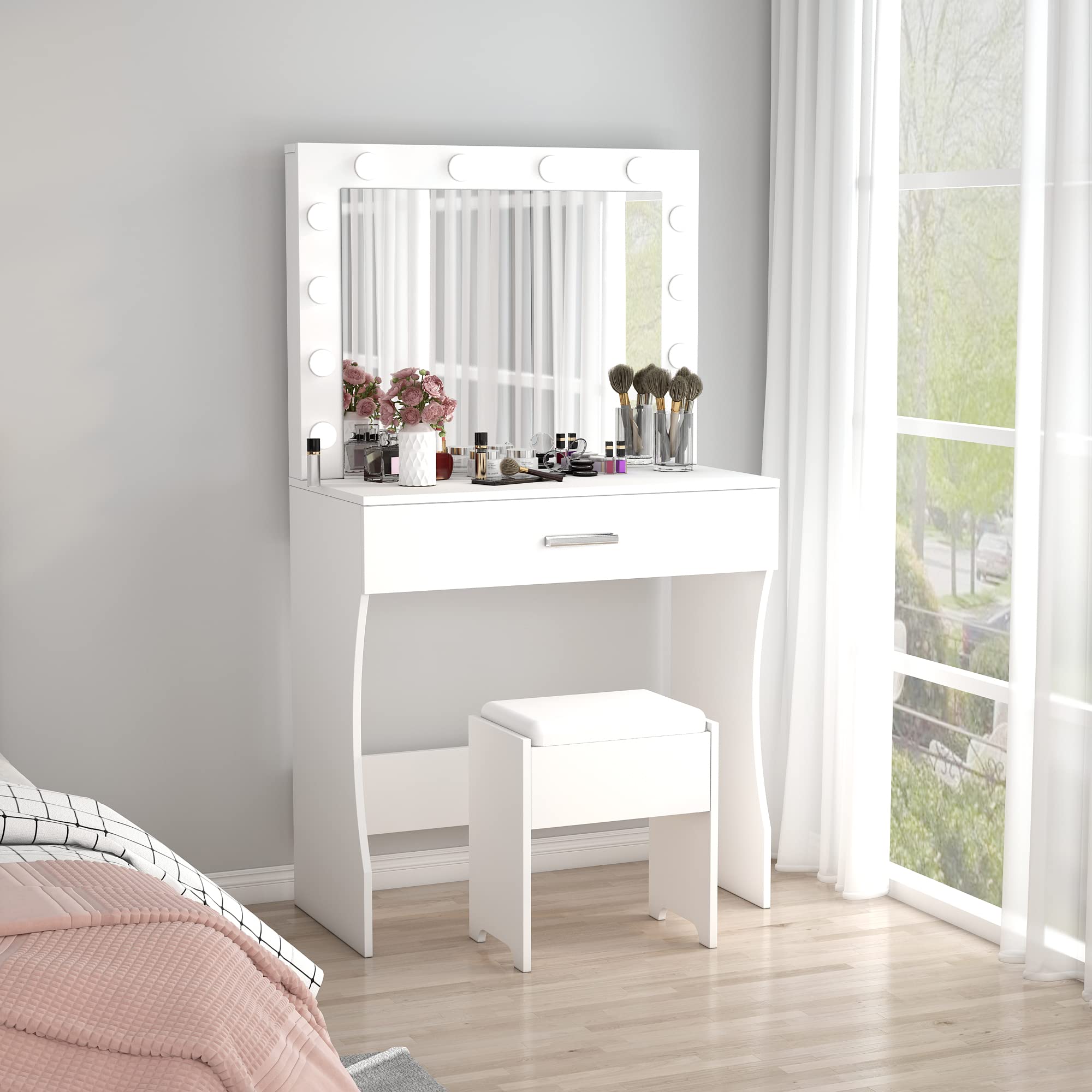 Vabches Makeup Vanity with LED Lights - Adjustable Brightness Dressing Table with Large Drawer, Sturdy White Vanity Desk for Bedroom, Studio, or Home Salon - Perfect for Makeup Application, Skincare Routine, and Self-Care Space