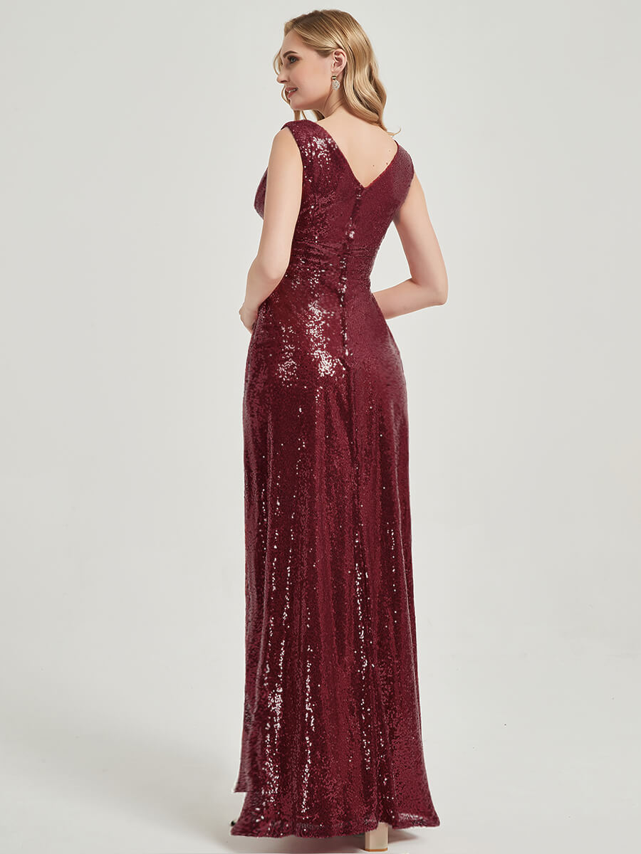 Elegant Burgundy V-Neck Sleeveless Empire Waist Sequin Maxi Dress for Bridesmaids - Perfect for Weddings, Proms & Formal Evening Events
