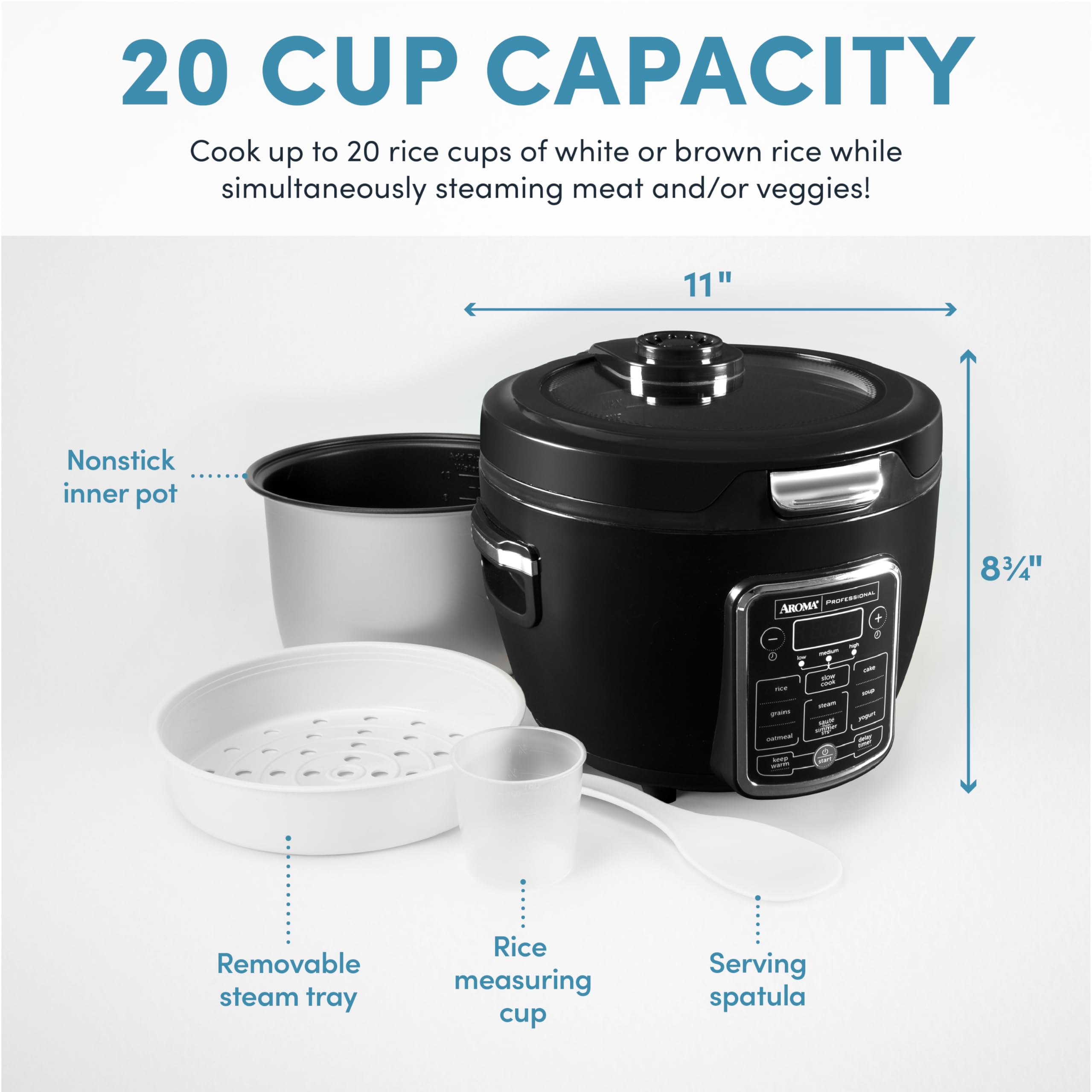 Aroma Professional ARC-1230B 10-Cup Uncooked/20-Cup Cooked Rice Cooker & Slow Cooker with Saute, Steam, Timer - Perfect for Meal Prep, Family Dinners & Healthy Cooking (Black)