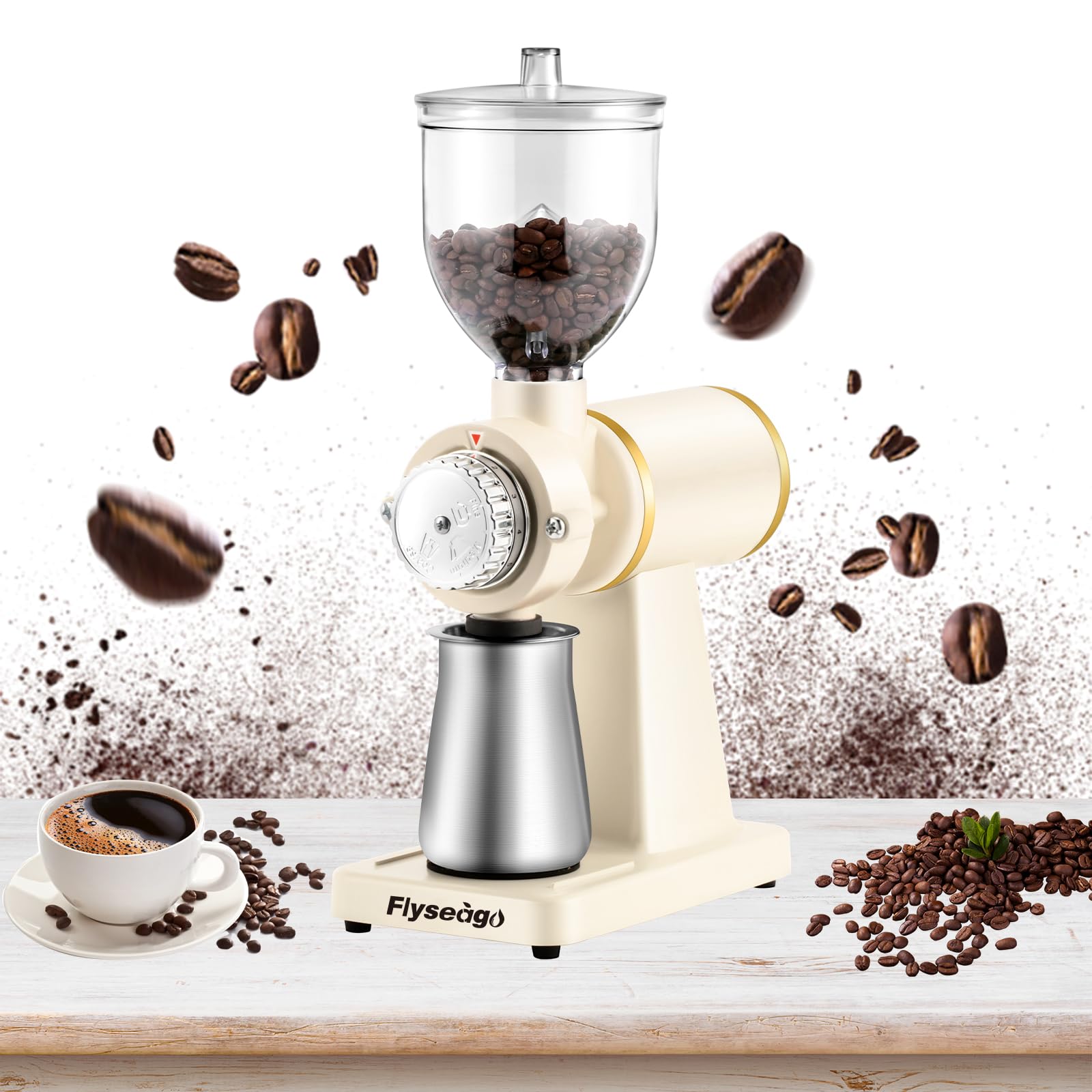 Electric Burr Coffee Grinder for Espresso - Stainless Steel with Brush, Creamy White - Perfect for Home & Office Use
