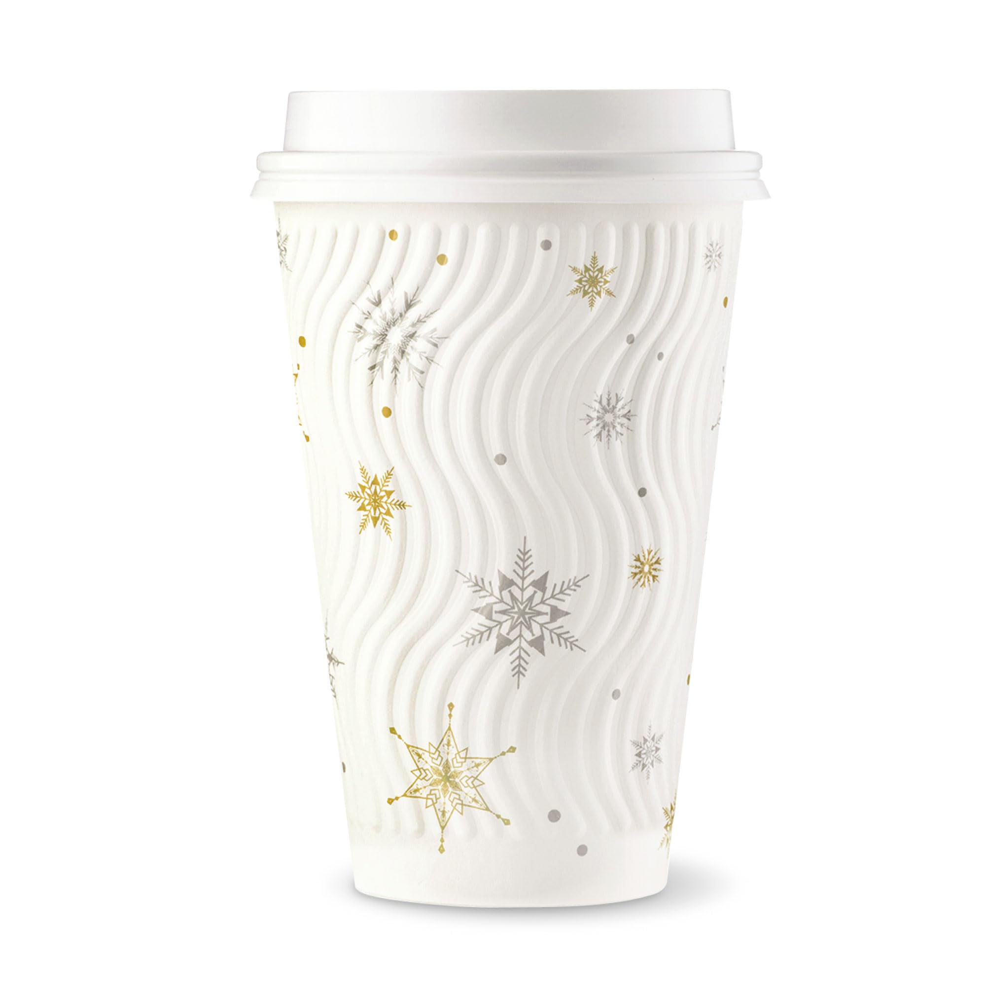 [100 Pack] 16 oz Christmas Coffee Cups with Lids - Insulated Snowflake Design Disposable Paper Cups for Hot Drinks, Gold & Silver Foil Holiday Cups - Perfect for Hot Chocolate, Coffee, and Holiday Parties