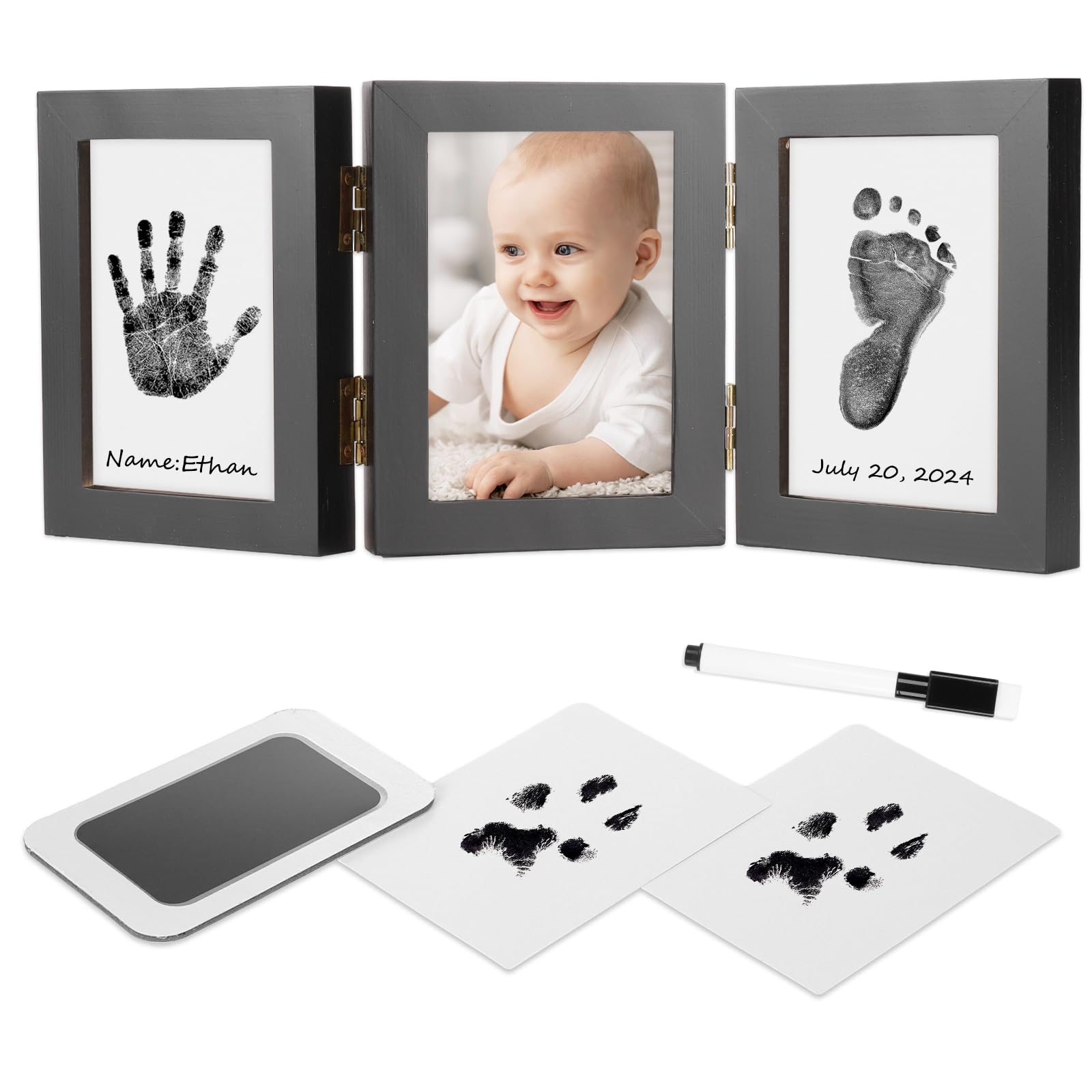 **Inkless Baby Handprint and Footprint Kit - Newborn Keepsake Wooden Frame, Perfect Gift for New Parents, Baby Shower Present for Boys & Girls (Black) - Capture Precious Memories for Birthdays, Christenings & First Holidays**