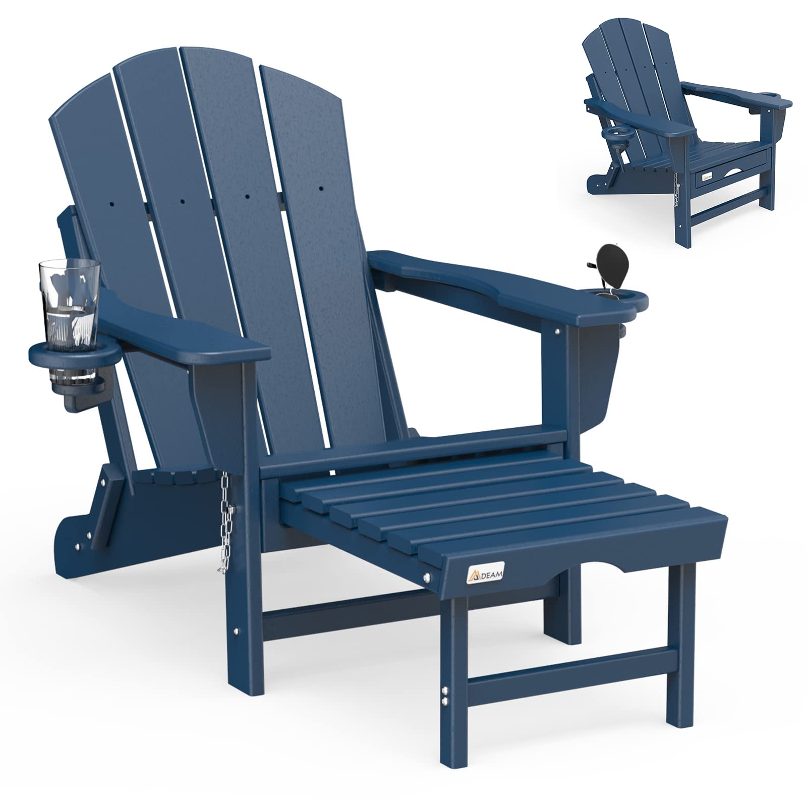 **Mdeam Folding Adirondack Chair - Weather-Resistant Patio, Lawn & Outdoor Fire Pit Chair with 2 Cup Holders & Retractable Ottoman (Navy Blue) - Perfect for Backyard, Garden, Poolside & Camping Relaxation**