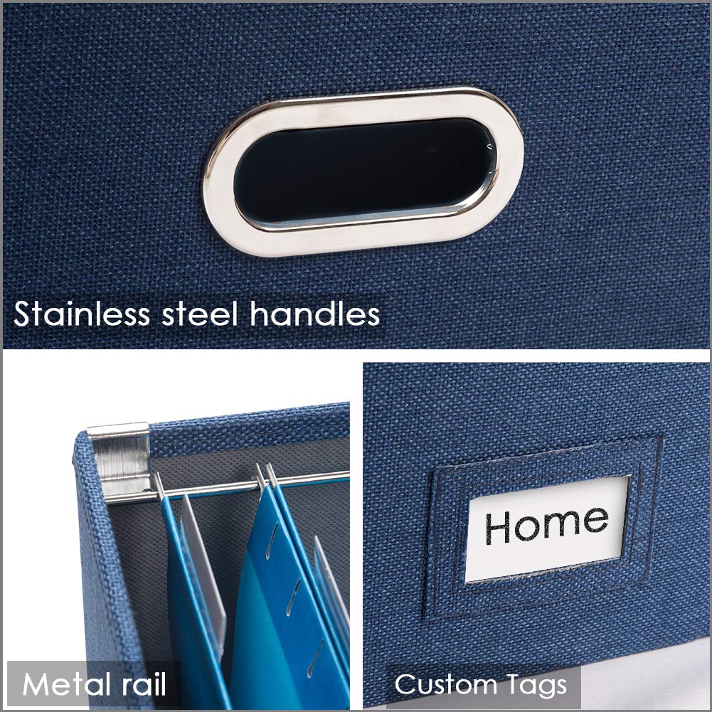 PRANDOM File Organizer Box Set of 4 - Collapsible Linen Storage Bins with Lids for Office, Home & School - Navy Blue Hanging File Folders (14x9.3x10.8 inches) - Perfect for Desk Organization, Document Storage & Cabinet Filing Systems