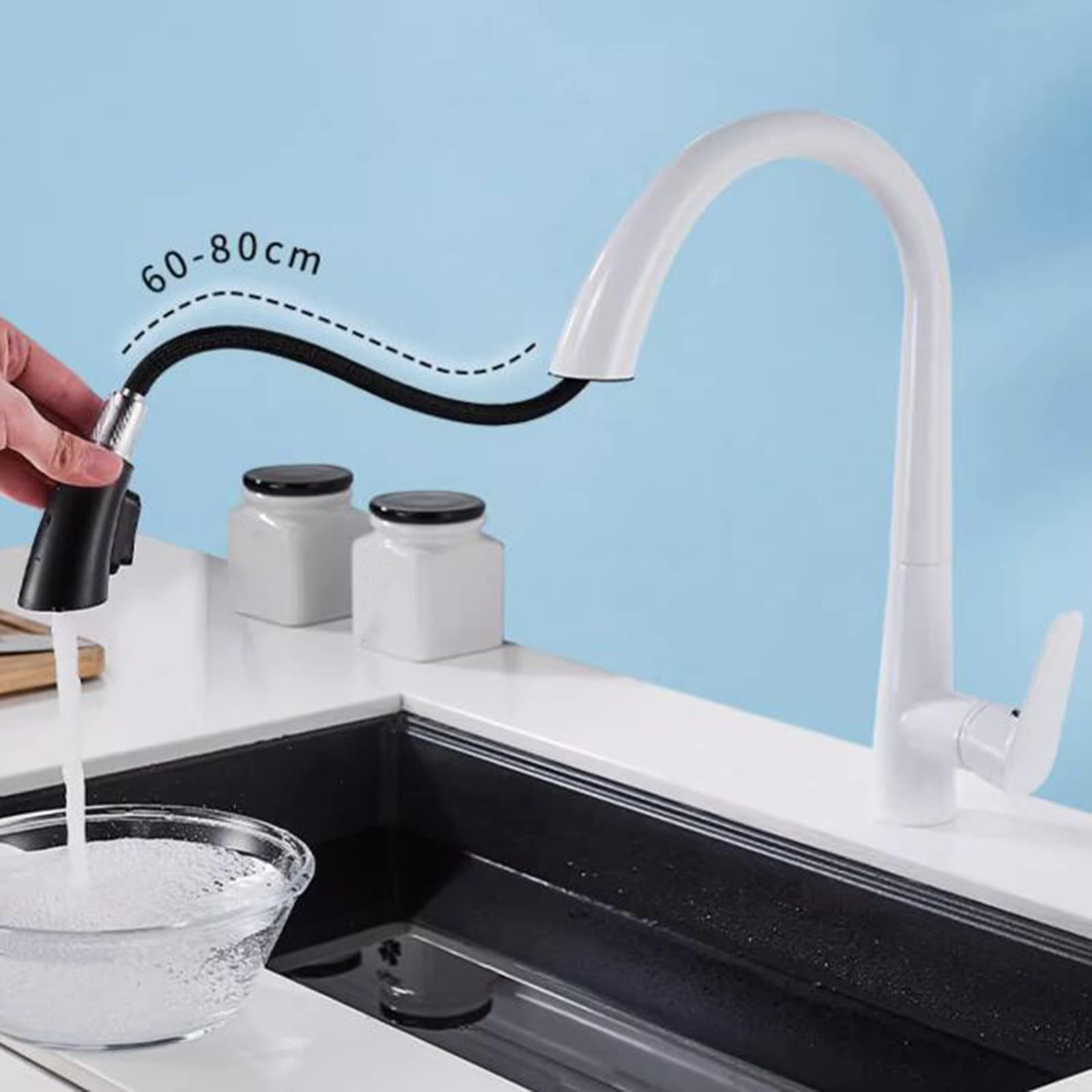 High-Quality White Kitchen Faucet with Pull-Out Spray - Brass Swivel Telescoping Kitchen Mixer Tap for Modern Home & Restaurant Use