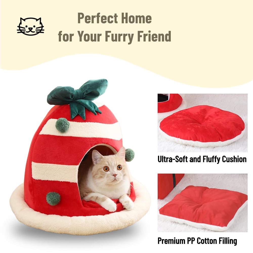 Cozy Christmas Cat Cave Bed - Warm Foldable Pet House with Washable Pillow for Indoor Cats & Small Dogs - Perfect for Holiday Comfort & Calming