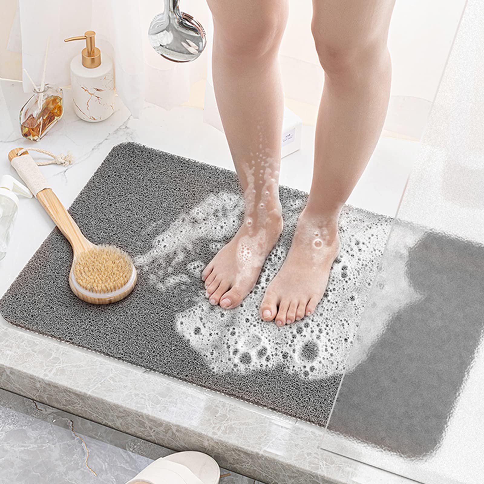 KESFEY Non-Slip Shower Mat 17.5x30 Inch - Soft Textured Quick-Drying PVC Bath Mat for Wet Areas, Bathtub & Tub Safety - Easy to Clean Loofah Design for Bathroom, Spa & Poolside Use