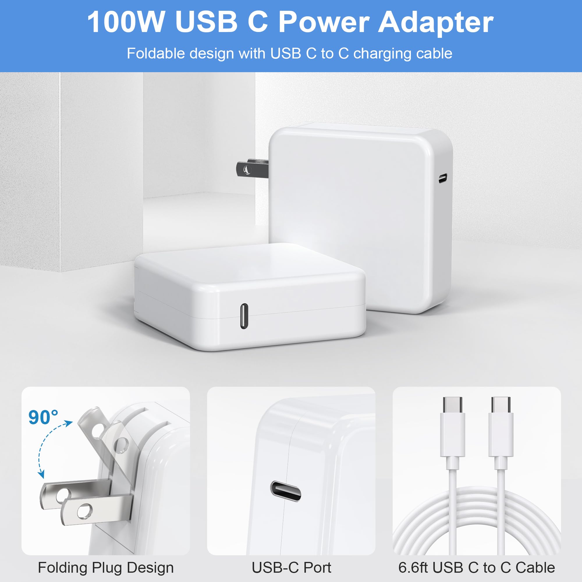 100W USB C Fast Charger for MacBook Pro/Air 16 15 14 13 Inch (2021-2024) & All USB-C Devices | MacBook Power Adapter with PD 3.0 | Perfect for Home, Office & Travel Charging