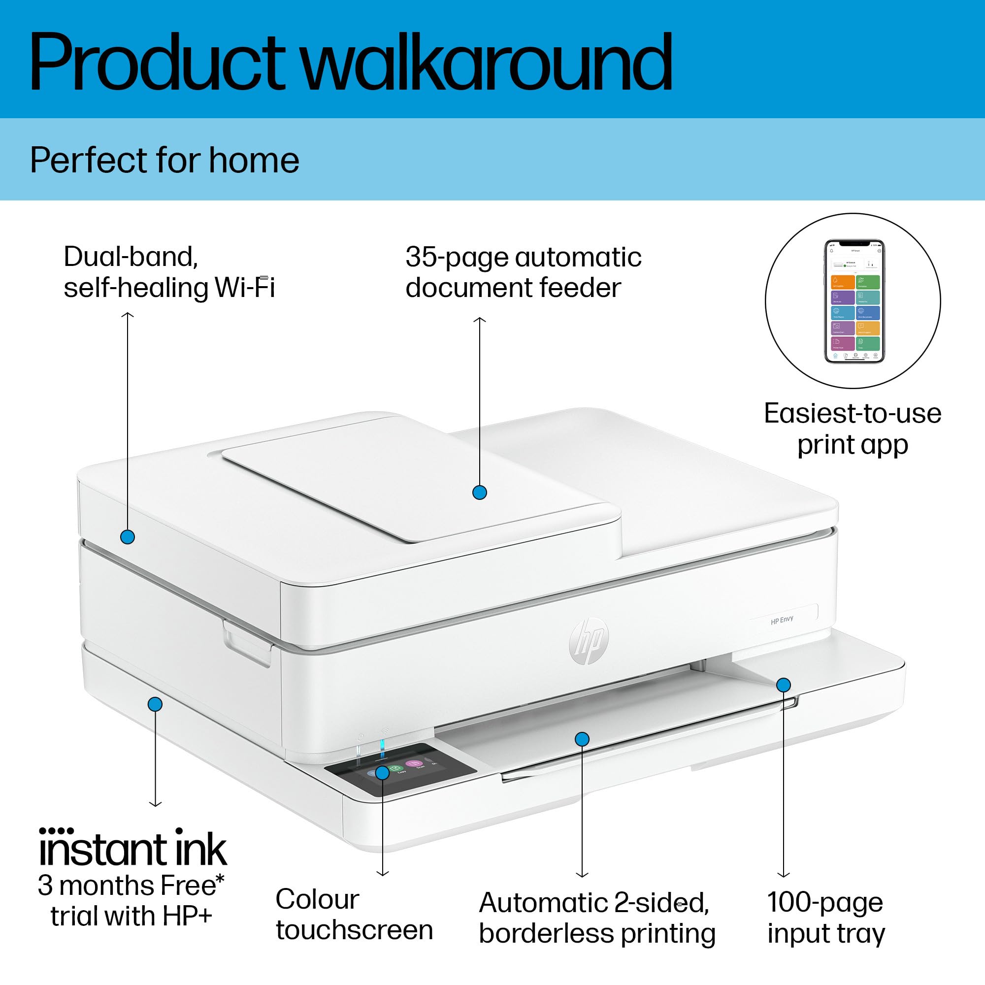 HP Envy 6530e Wireless All-in-One Color Printer with Auto 2-Sided Printing | Print, Scan, Copy | 3 Months Instant Ink Included | Automatic Document Feeder | Home & Office Use | Perfect for Documents, Photos, School Projects & Small Business Needs