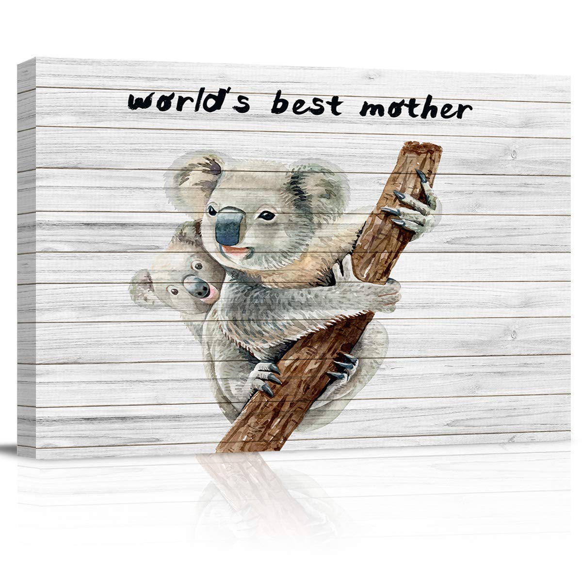 Koala Mother and Child Canvas Print - World's Best Mom Wood Texture Abstract Wall Art - Stretched Framed Painting for Office, Living Room, Bedroom, Bathroom Decor - 16x20 Inches - Perfect Gift for Mother's Day & Home Decoration