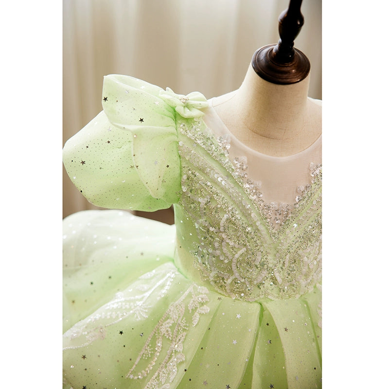 Sage Green Princess Round Floor Length Organza Flower Girl Dress for Weddings, Bridal Parties & Special Occasions