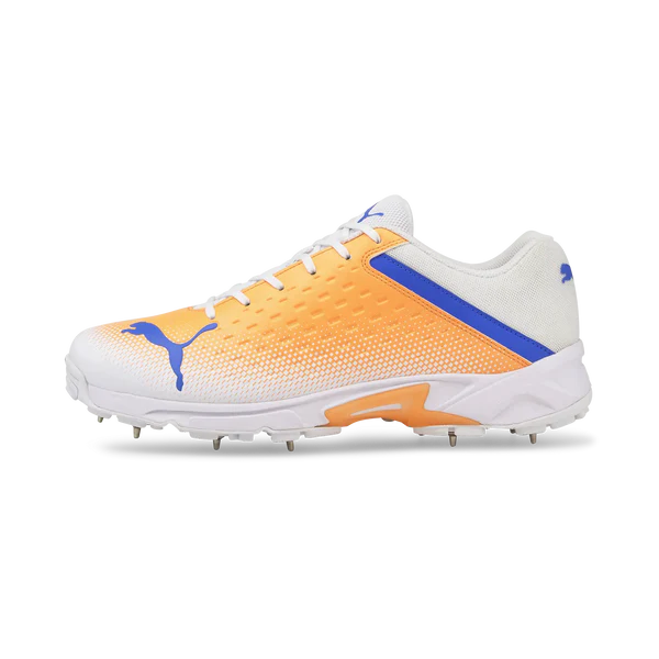 Puma 22.2 White Bluemazing Neon Citrus Cricket Metal Spike Shoes - Lightweight Performance Cricket Footwear for Men - Perfect for Professional Matches & Training Sessions