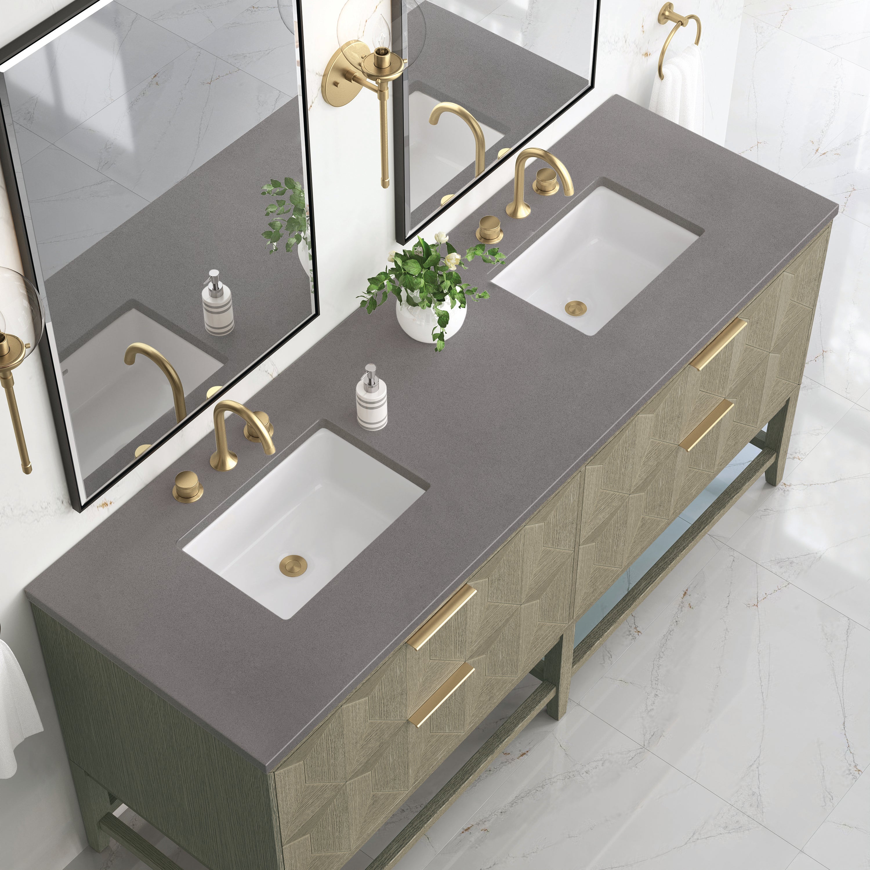 Emmeline 72 Inch Double Bathroom Vanity with Pebble Oak Finish & 3CM Grey Expo Top - Perfect for Master Bathroom, Guest Bath, or Modern Home Renovation