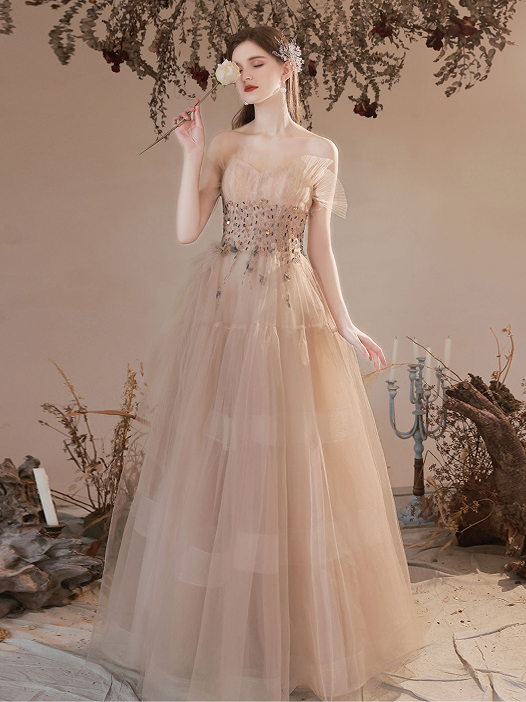 Elegant A-Line Champagne Long Prom Dresses with Beading & Sequin Details - Formal Graduation Gown for Homecoming, Ball, and Special Occasions
