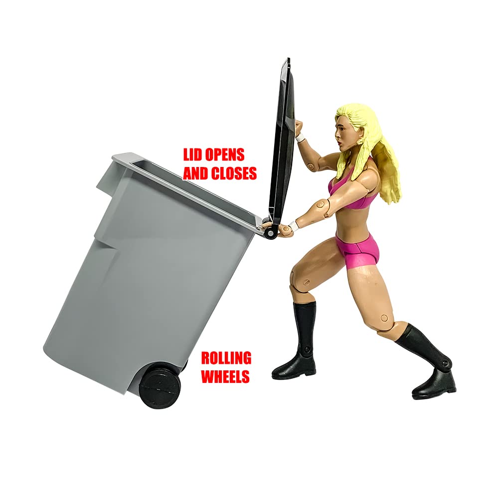 Black Dumpster & 3 Gray Trash Cans with Lids & Wheels for Wrestling Action Figures - Perfect for Wrestling Dioramas, Toy Displays & Collectible Scenes