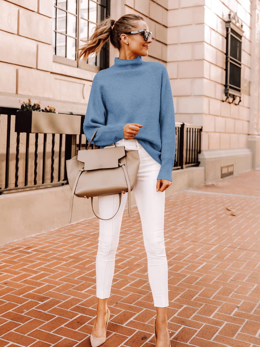 Yousify Women's Ribbed Mock Neck Batwing Sleeve Knit Sweater - Loose Fit Pullover Jumper Top for Casual Wear, Office & Fall Outfits