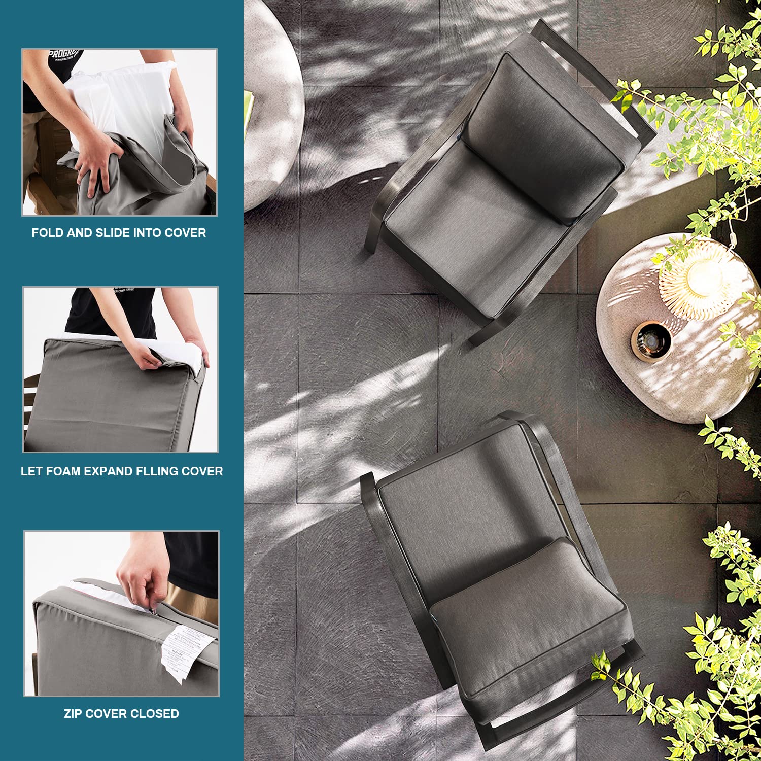 ARTPLAN Deep Seat Outdoor Patio Chair Cushions Set - 2-Piece Square Seat & Back Cushions (24x24x6 & 18x24 Inches) - Waterproof & UV Resistant - Perfect for Patio Furniture, Deck Chairs & Poolside Lounging - Grey