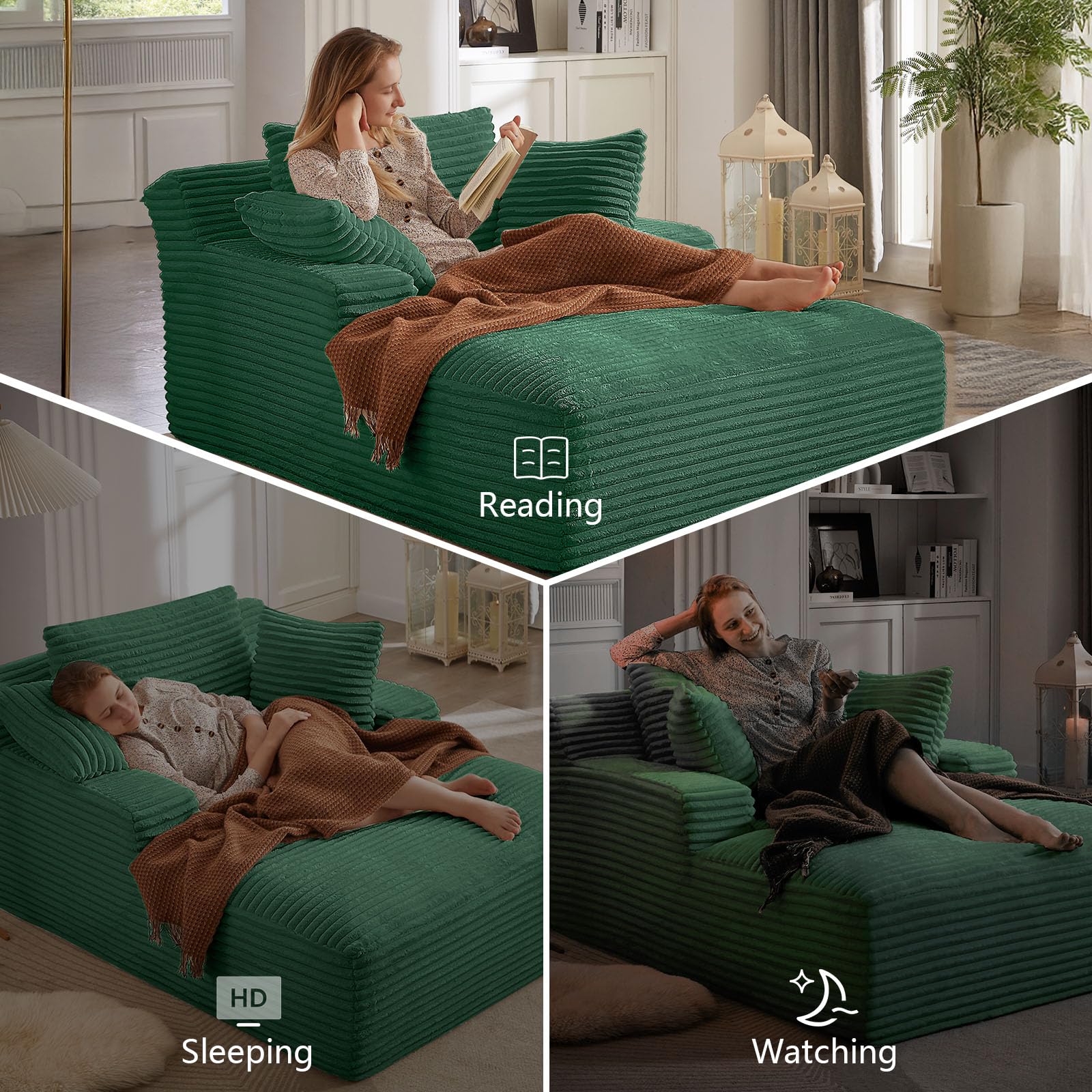 Oversized Corduroy Chaise Lounge Sofa Bed with Throw Pillows & Armrests - Recliner Cloud Couch for Living Room, Bedroom, Home Office - Comfortable Sleeper Sofa for Relaxing, Napping & Entertaining Guests