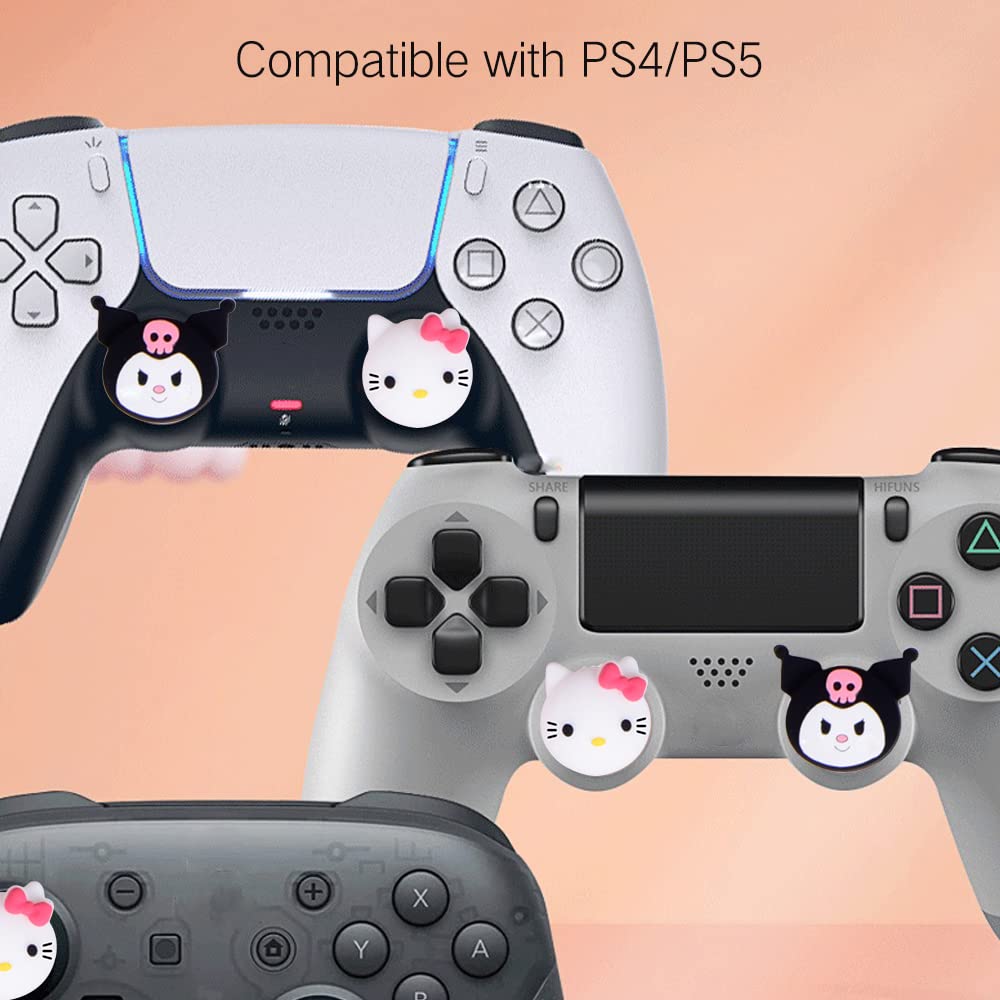 PERFECTSIGHT Cute Thumb Grip Caps for PS5, PS4, Xbox Series X/S, Xbox One, Switch PRO Controller - 4PCS Soft Rubber 3D Analog Thumbstick Grips Joystick Cover Set (Rabbit+Kitty Design) - Perfect for Gaming Comfort and Enhanced Control
