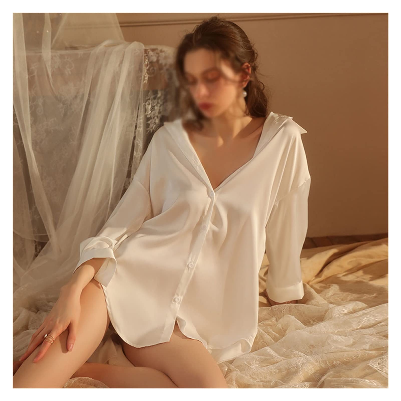 Sexy Women's Long Sleeve Loose Cardigan Nightwear - Comfortable Boyfriend Shirt Nightgown for Sleepwear & Lounge Wear (White, Small) - Perfect for Romantic Nights, Cozy Evenings & Home Relaxation