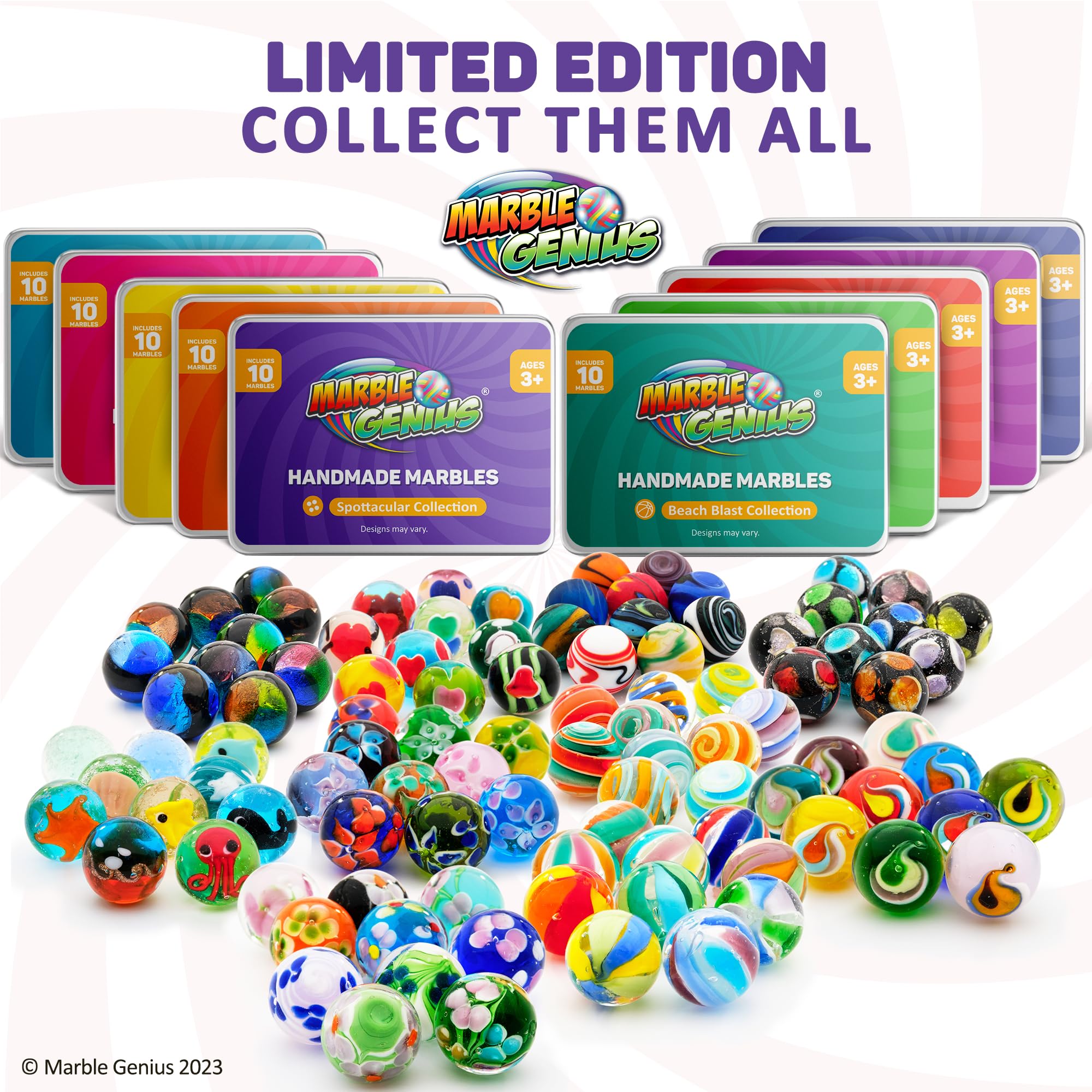 Marble Genius Collectors Marbles - 10 Handmade Glass Marbles with Unique Scribble Design, 16mm (5/8 Inch) - Perfect Gift for Marble Enthusiasts & Kids Ages 3+ - Great for Collecting, Games & Home Decor