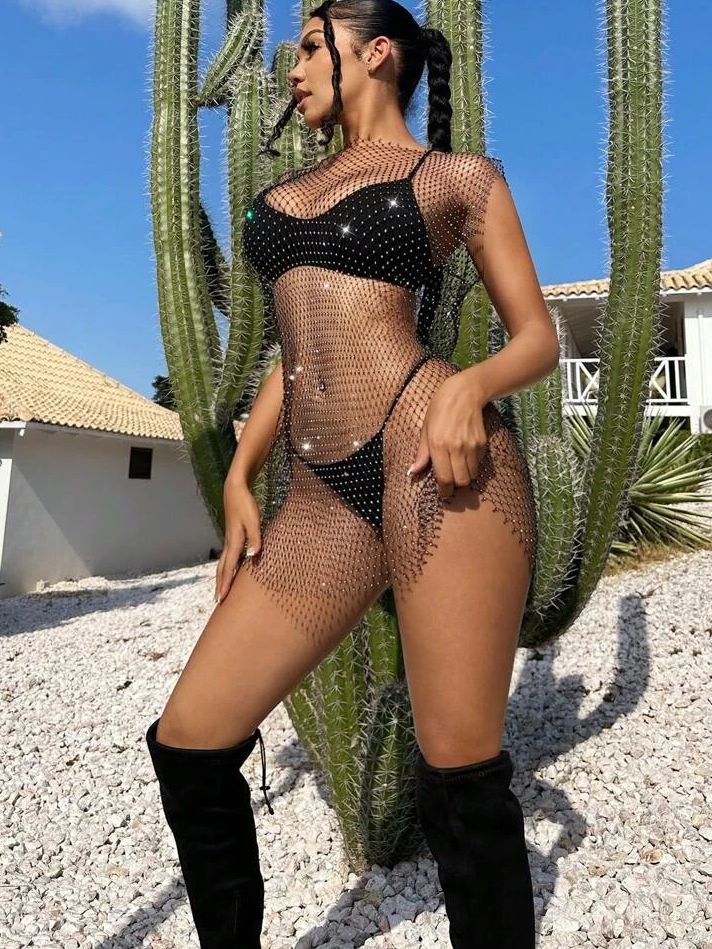 ZASUWA Women's Sexy Fishnet Crystal Lingerie Set - Sheer Mesh Beach Dress with Rhinestones, No Bikini Included | Perfect for Pool Party, Nightclub, and Romantic Occasions
