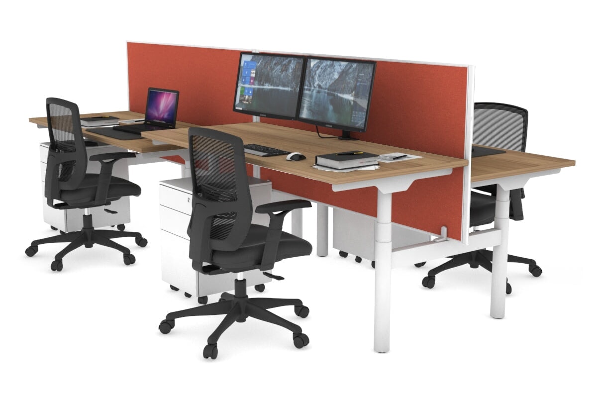 Flexi Premium Height Adjustable 4-Person H Bench Workstation - White Frame [1400L x 700W] - Ergonomic Office Desk for Collaborative Workspaces & Coworking Environments
