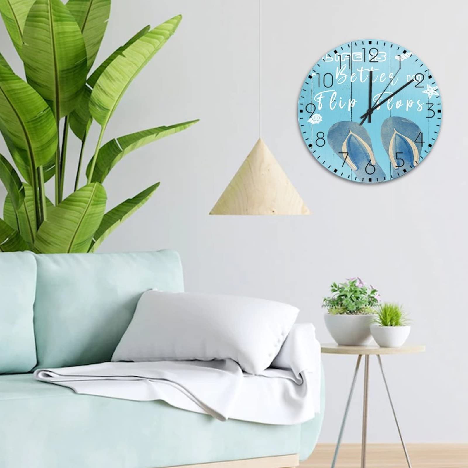 12 Inch Wooden Hanging Wall Clock - Battery Operated Silent Non-Ticking Rustic Beach Decor with Starfish & Shell Design - Perfect for Bathroom, Living Room, Bedroom, Office & Coastal Home Decor
